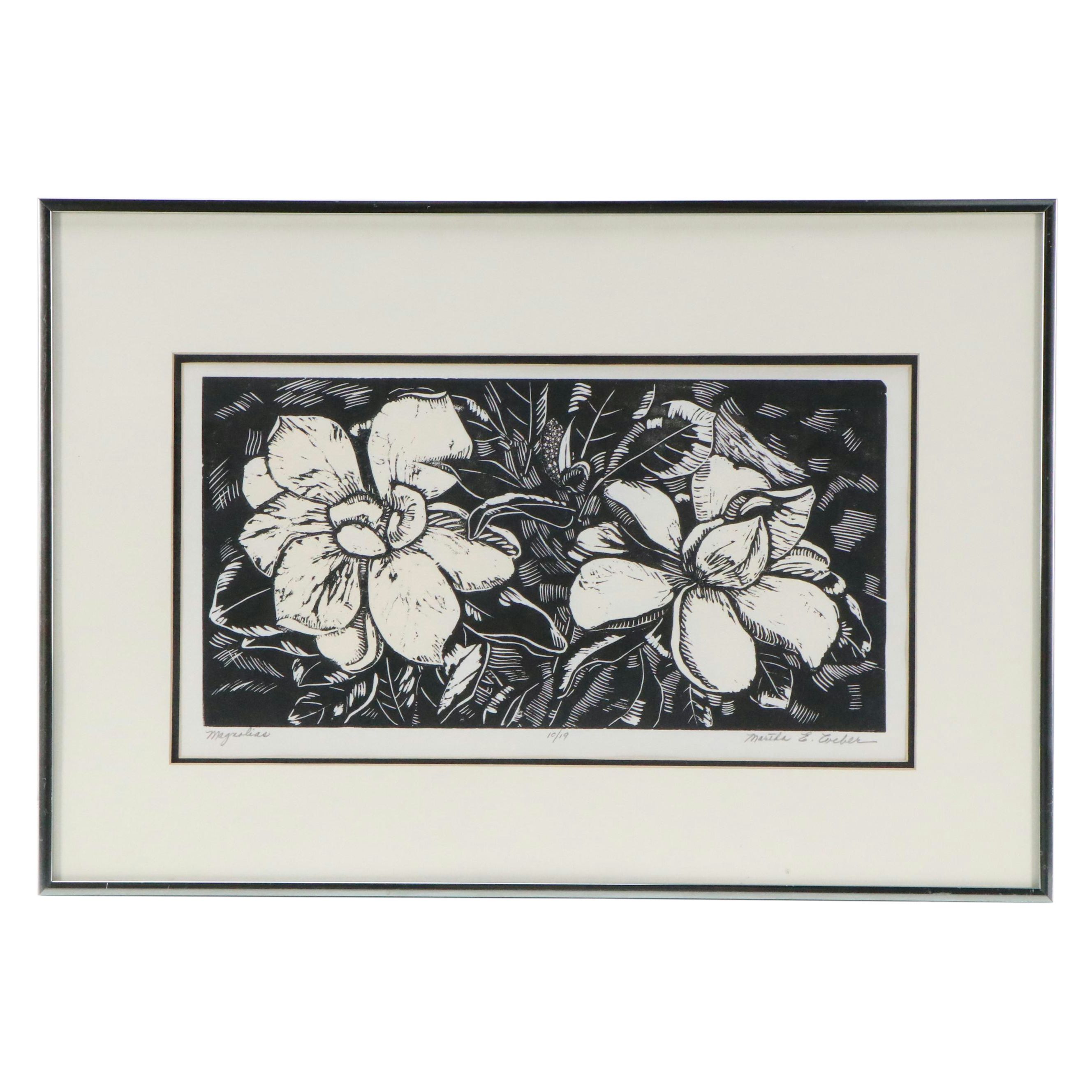Marthe E. Weber Floral Woodcut "Magnolias"