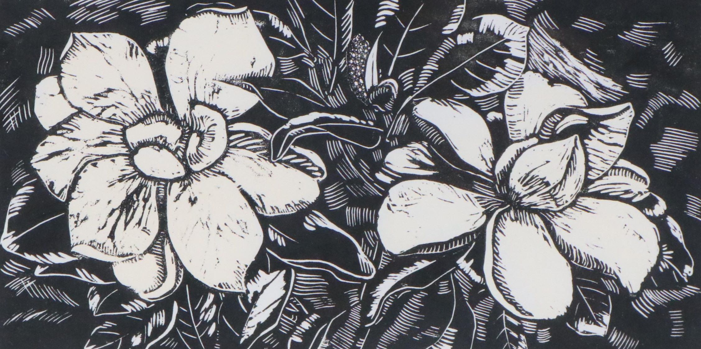 Marthe E. Weber Floral Woodcut "Magnolias"