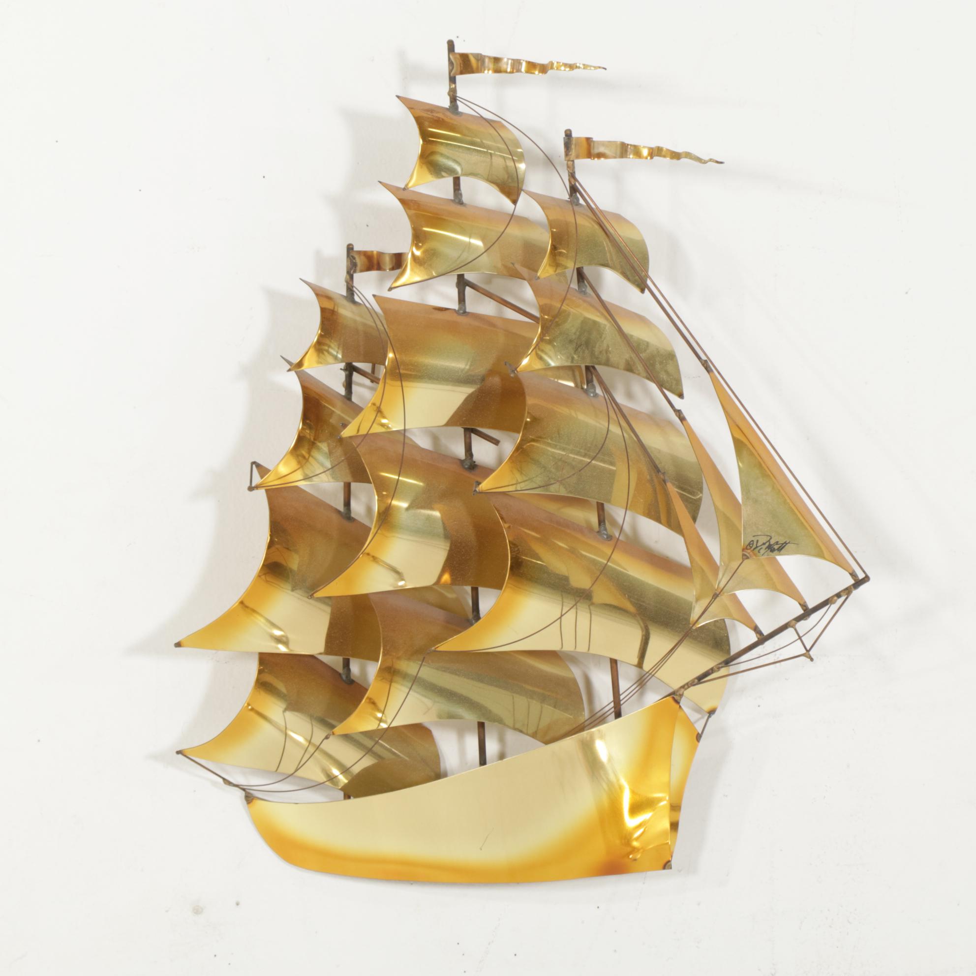 John DeMott Mid Century Modern Brass Sailing Ship Wall Decoration