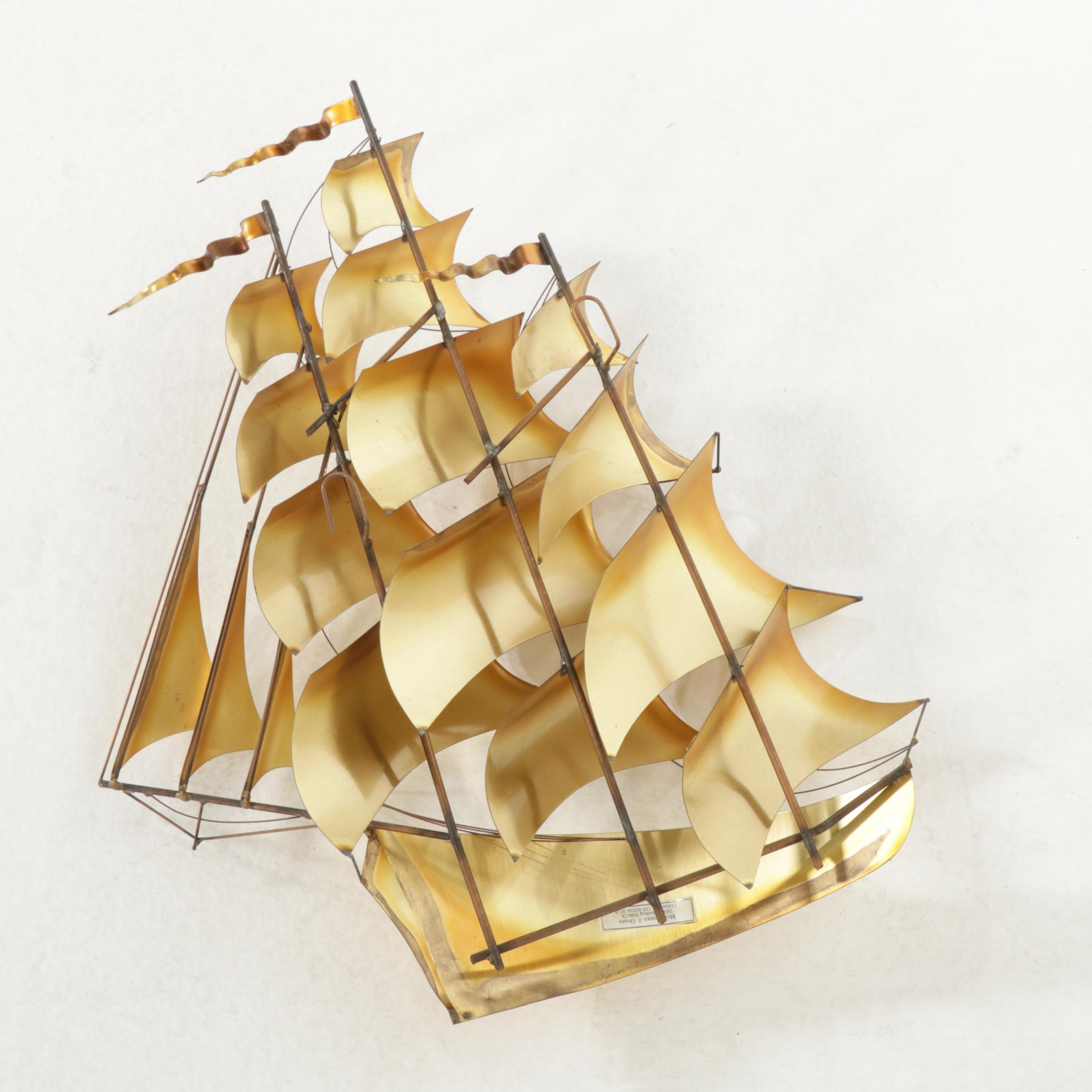 John DeMott Mid Century Modern Brass Sailing Ship Wall Decoration