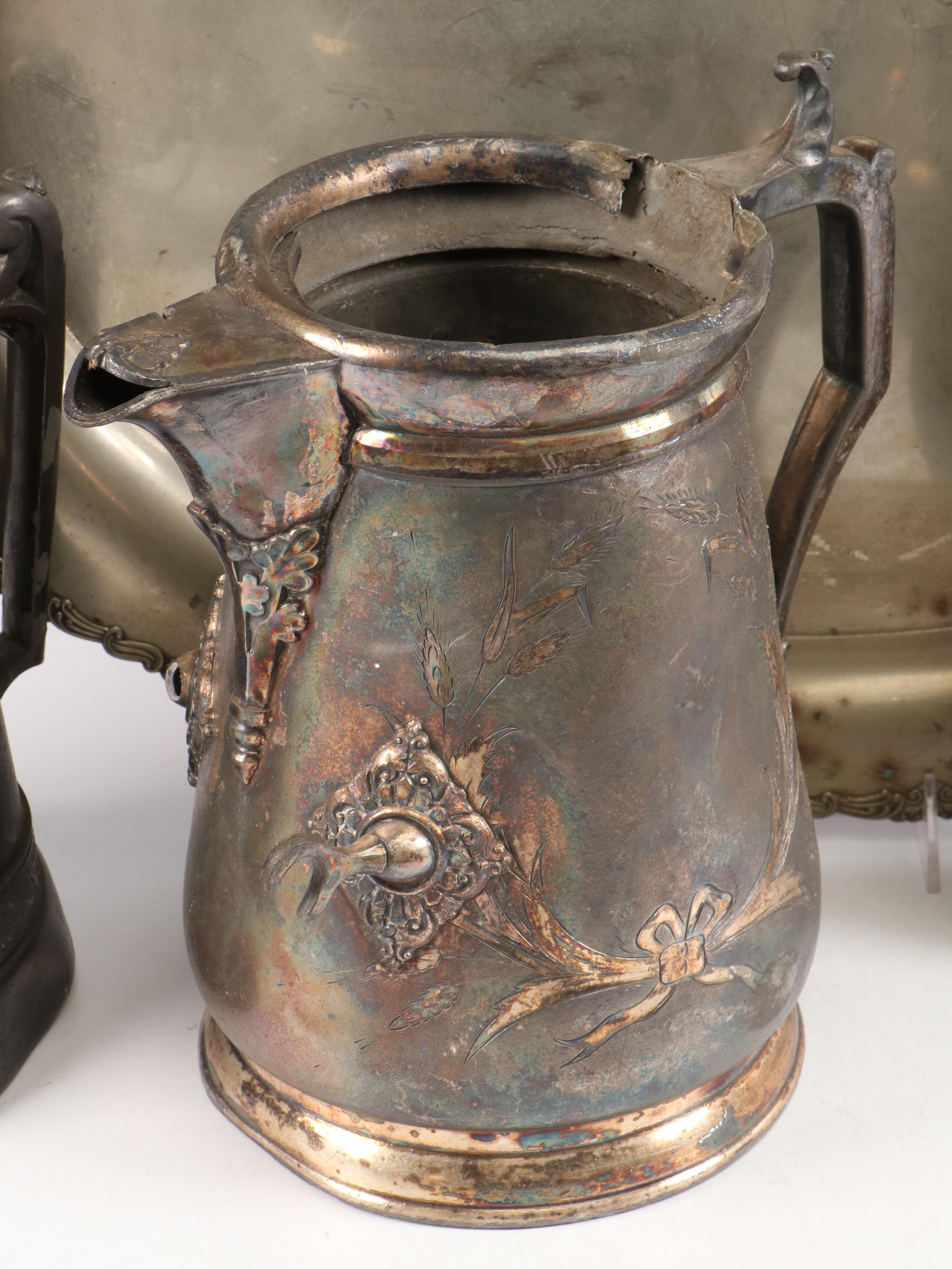 James Simpson Aesthetic Movement Pitcher with Silver Plate and Metal Collection