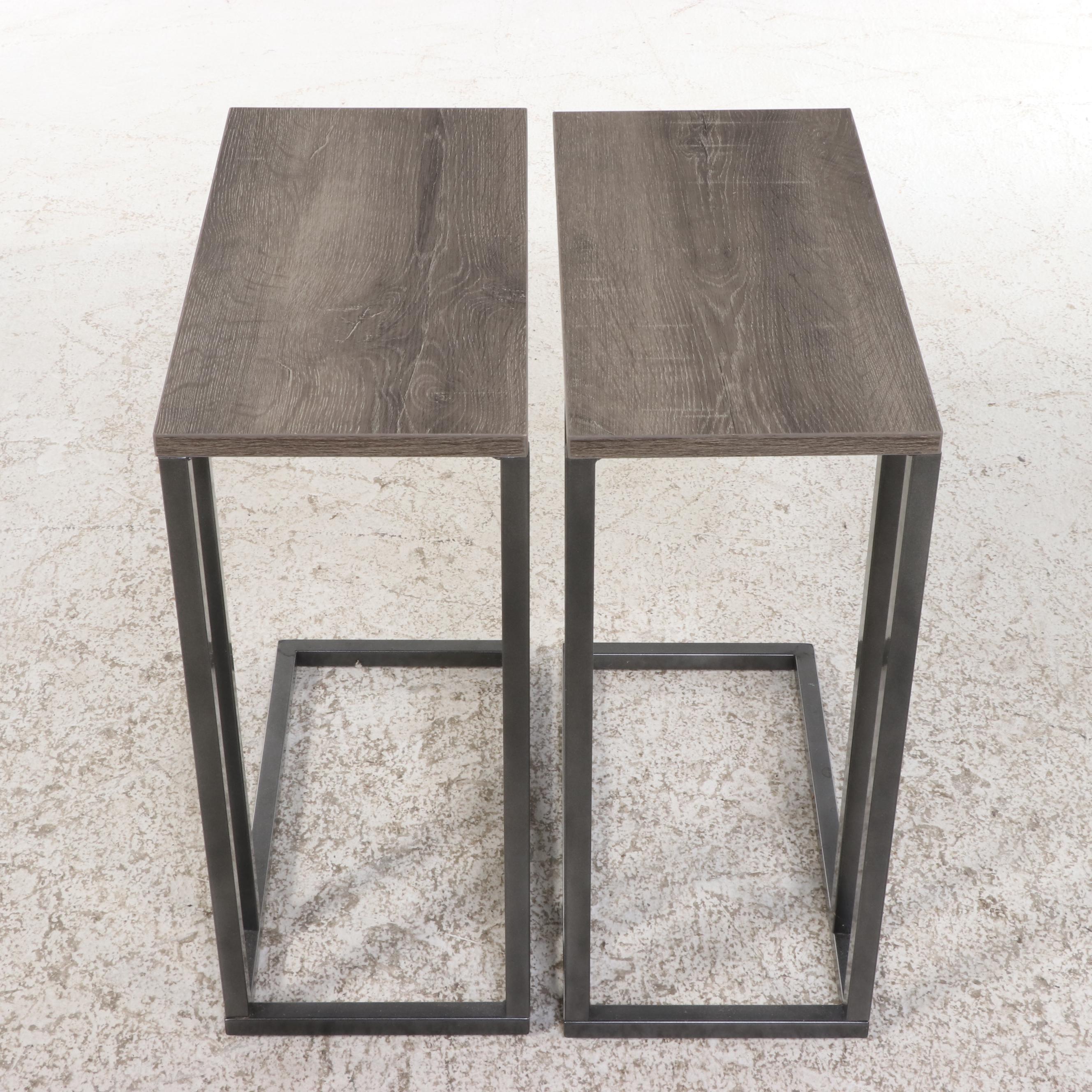 Pair of The Container Store Powder-Coated Metal & Oak-Grained Laminate C-Tables