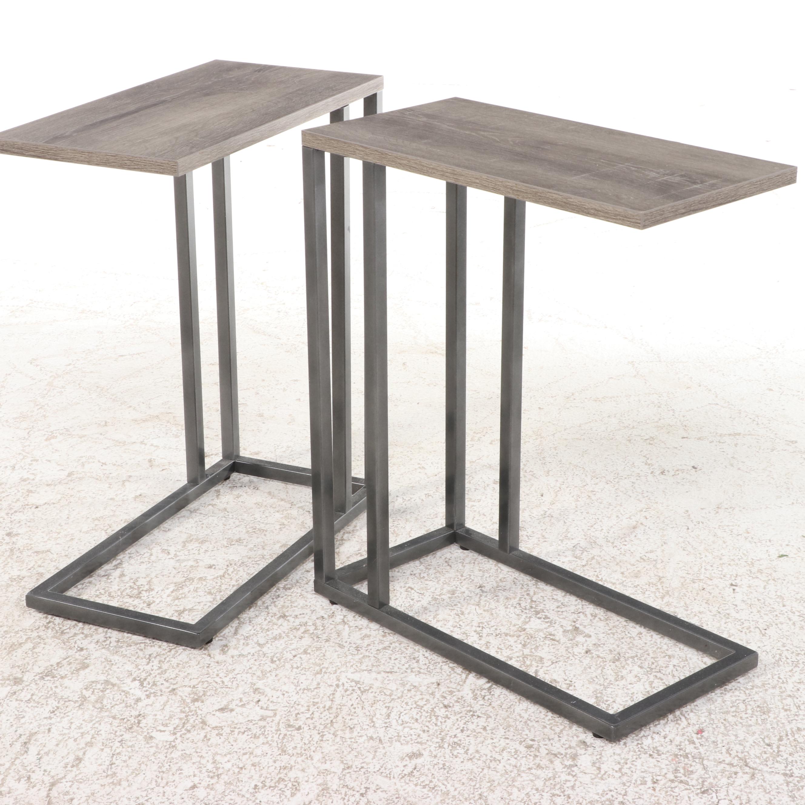 Pair of The Container Store Powder-Coated Metal & Oak-Grained Laminate C-Tables