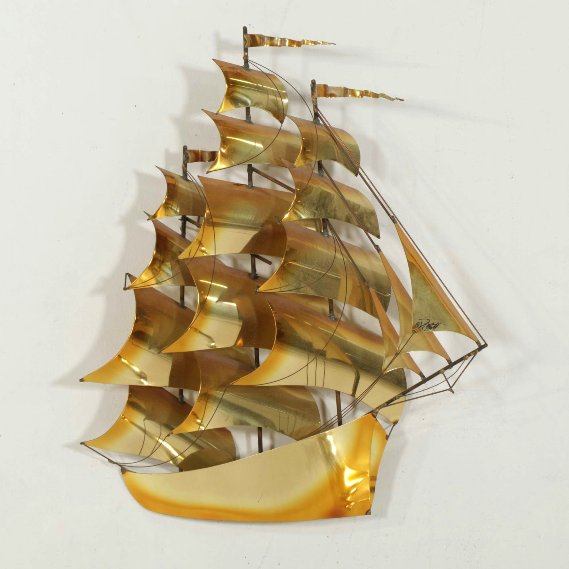 John DeMott Mid Century Modern Brass Sailing Ship Wall Decoration