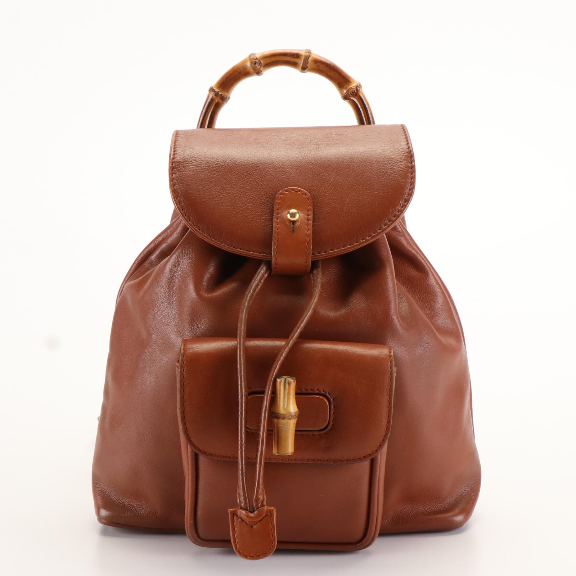 Gucci Mini Bamboo Drawstring Backpack in Brown Leather
