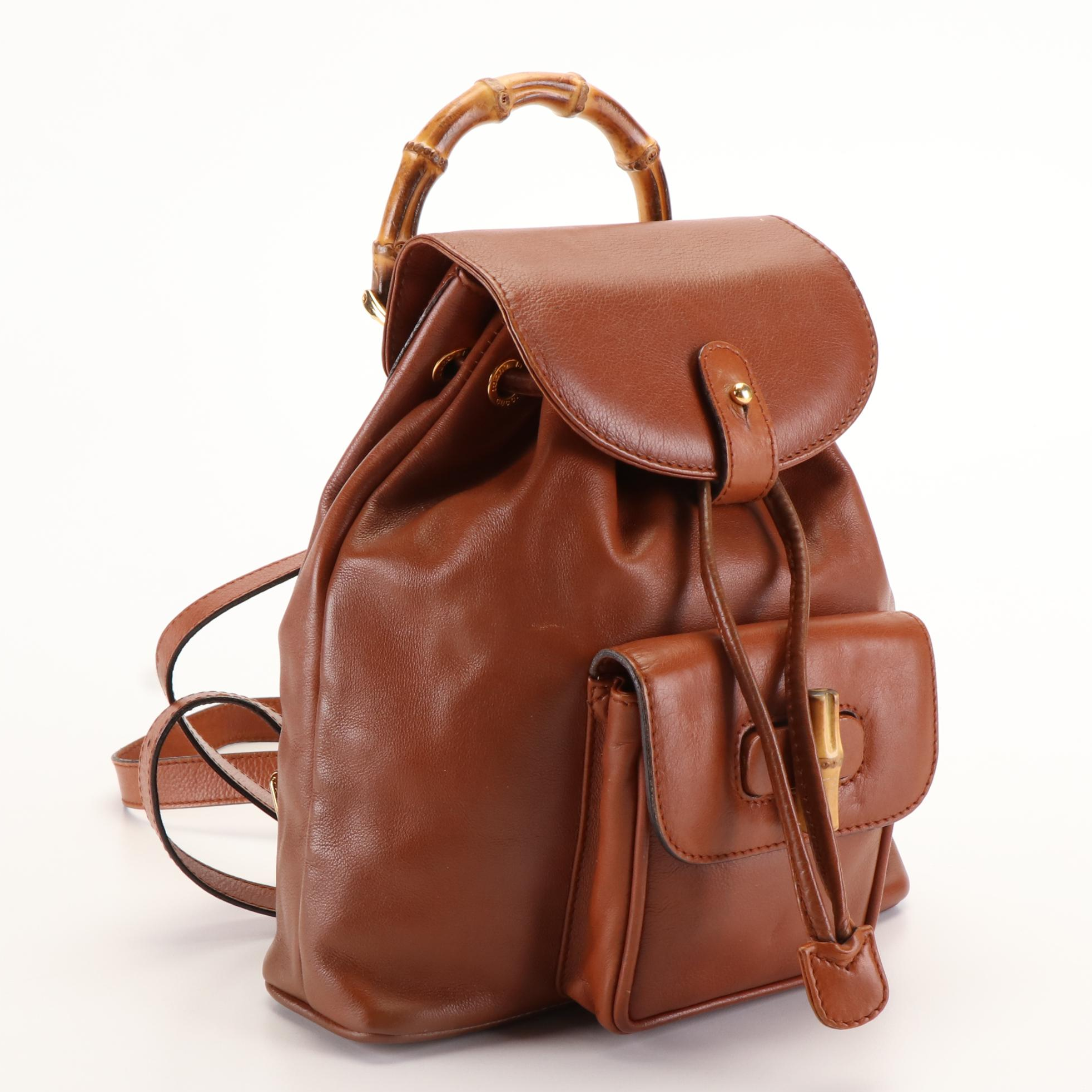Gucci Mini Bamboo Drawstring Backpack in Brown Leather