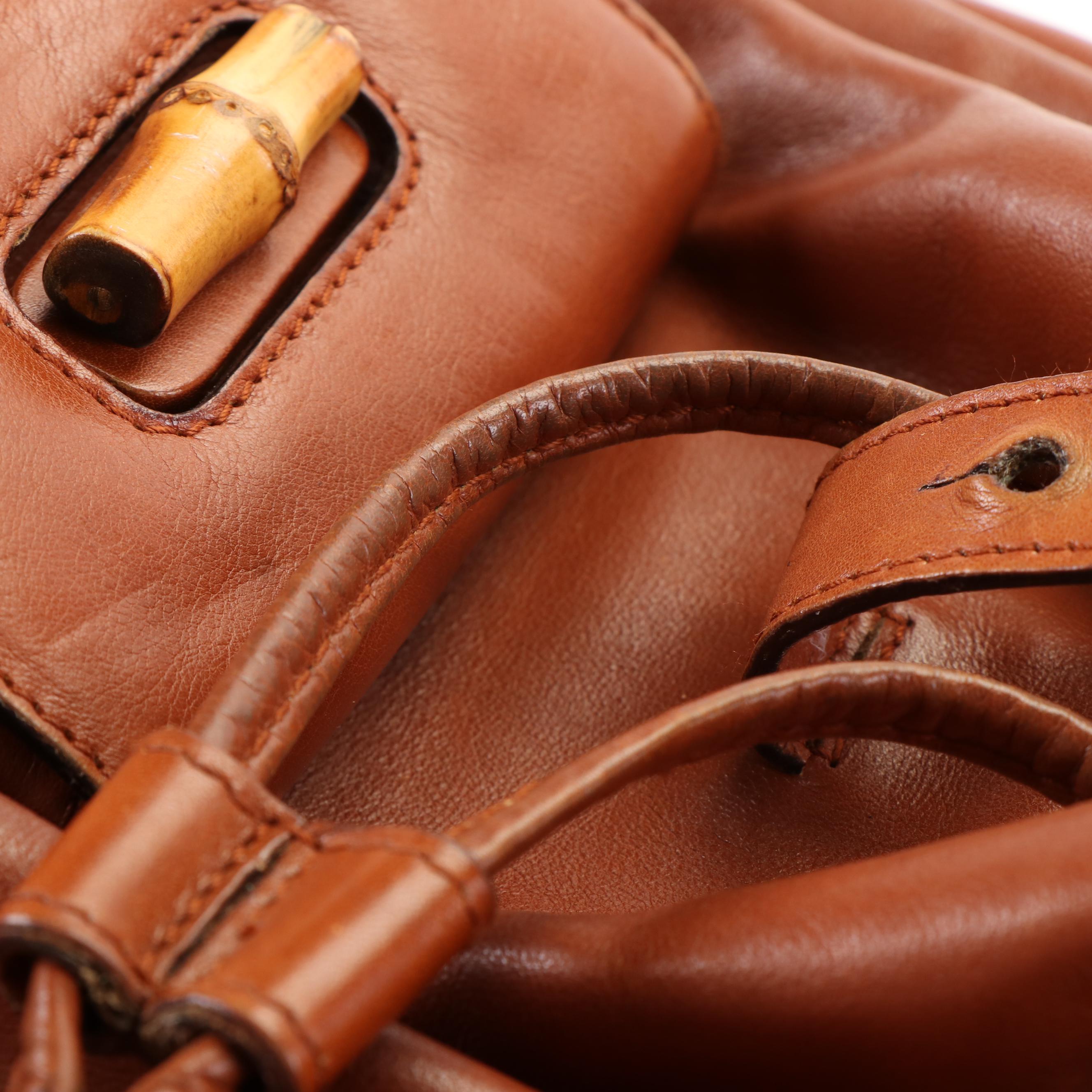 Gucci Mini Bamboo Drawstring Backpack in Brown Leather