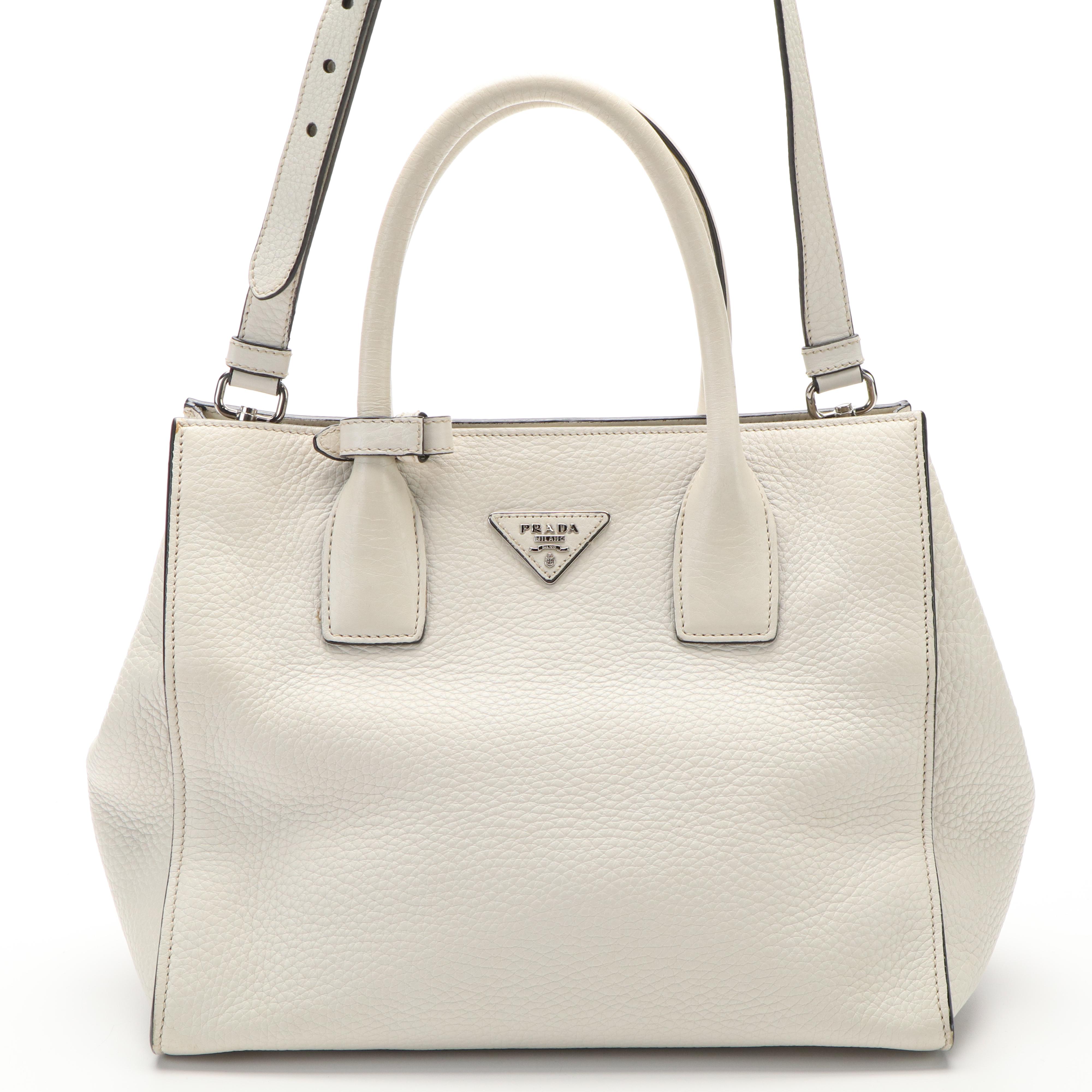 Prada Vitello Daino Two-Way Shopping Tote in Off-White Grained Leather