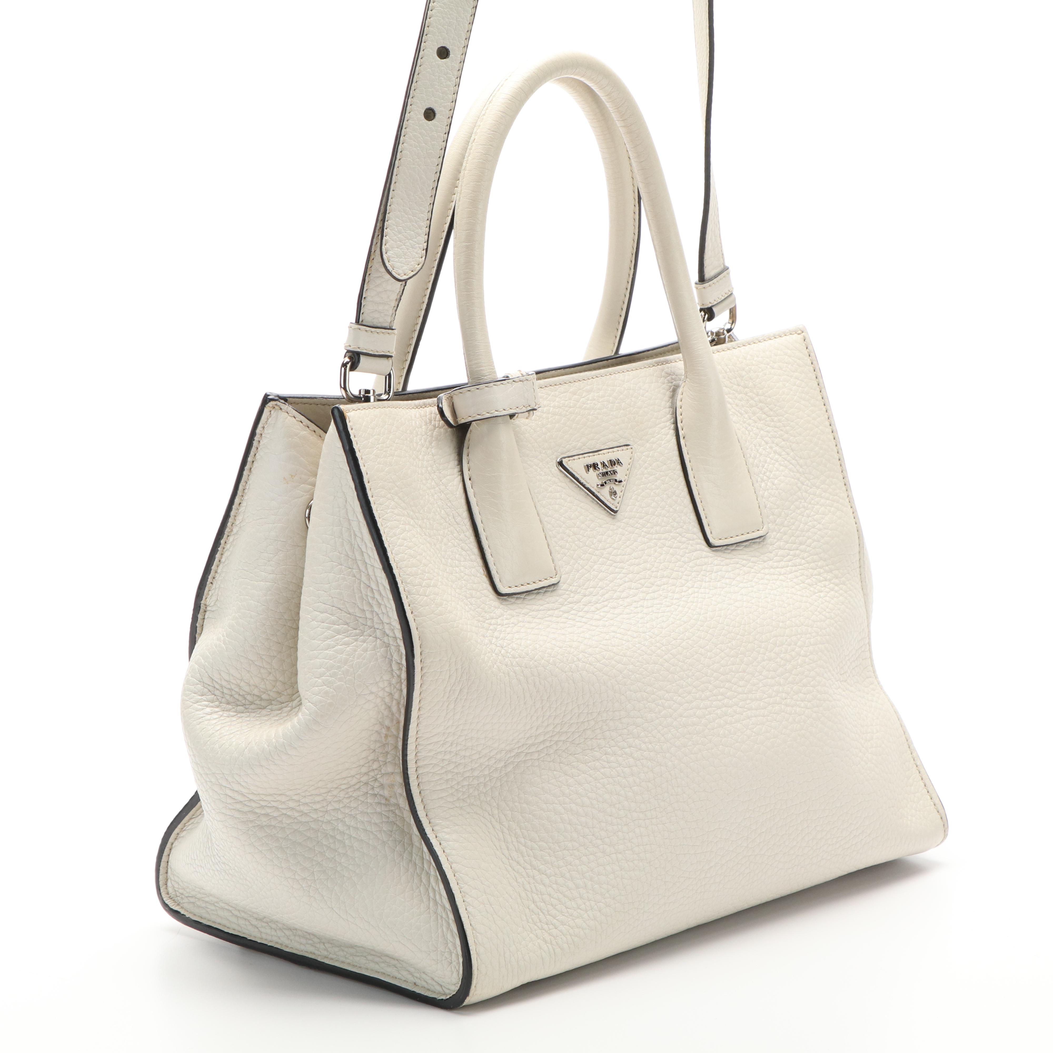 Prada Vitello Daino Two-Way Shopping Tote in Off-White Grained Leather