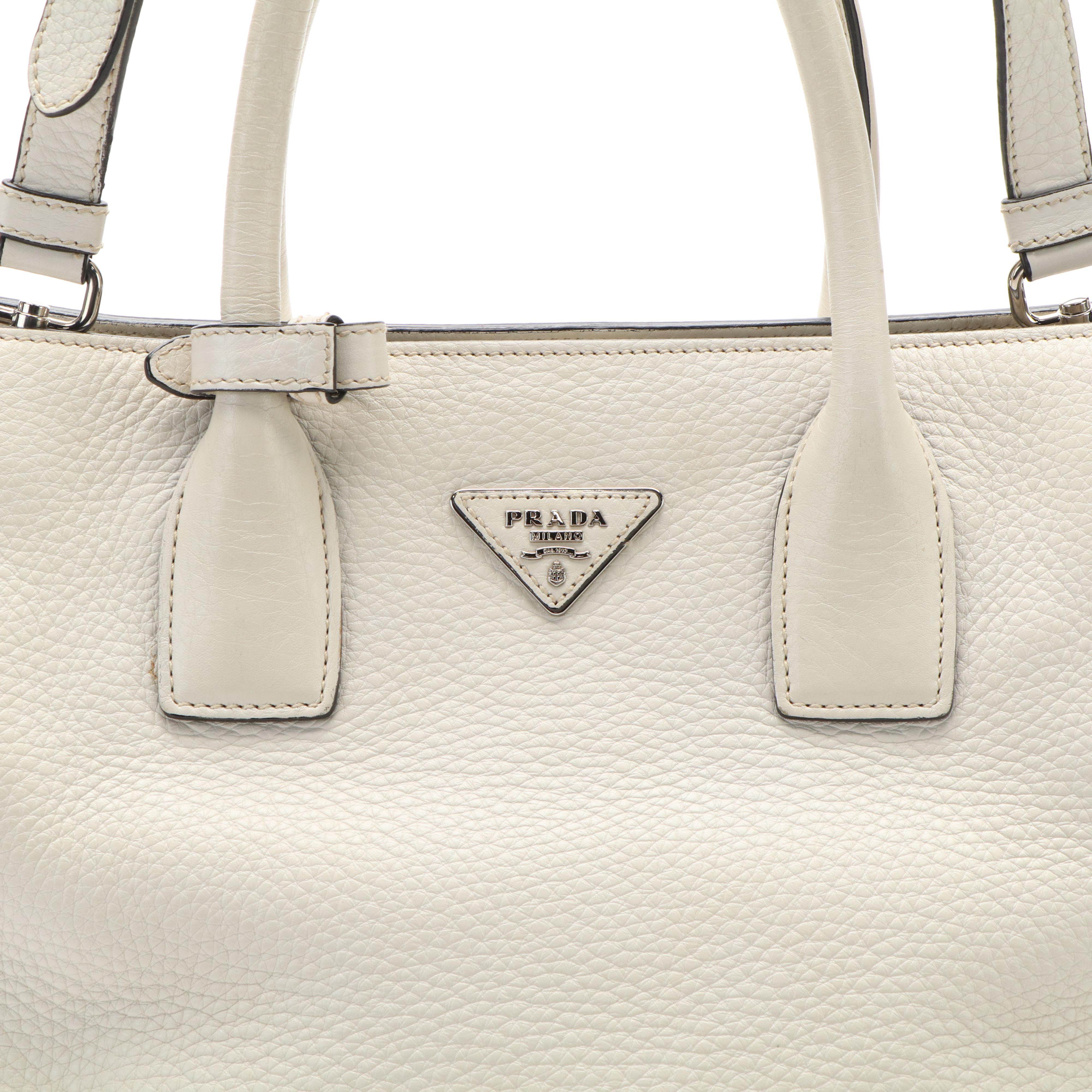 Prada Vitello Daino Two-Way Shopping Tote in Off-White Grained Leather