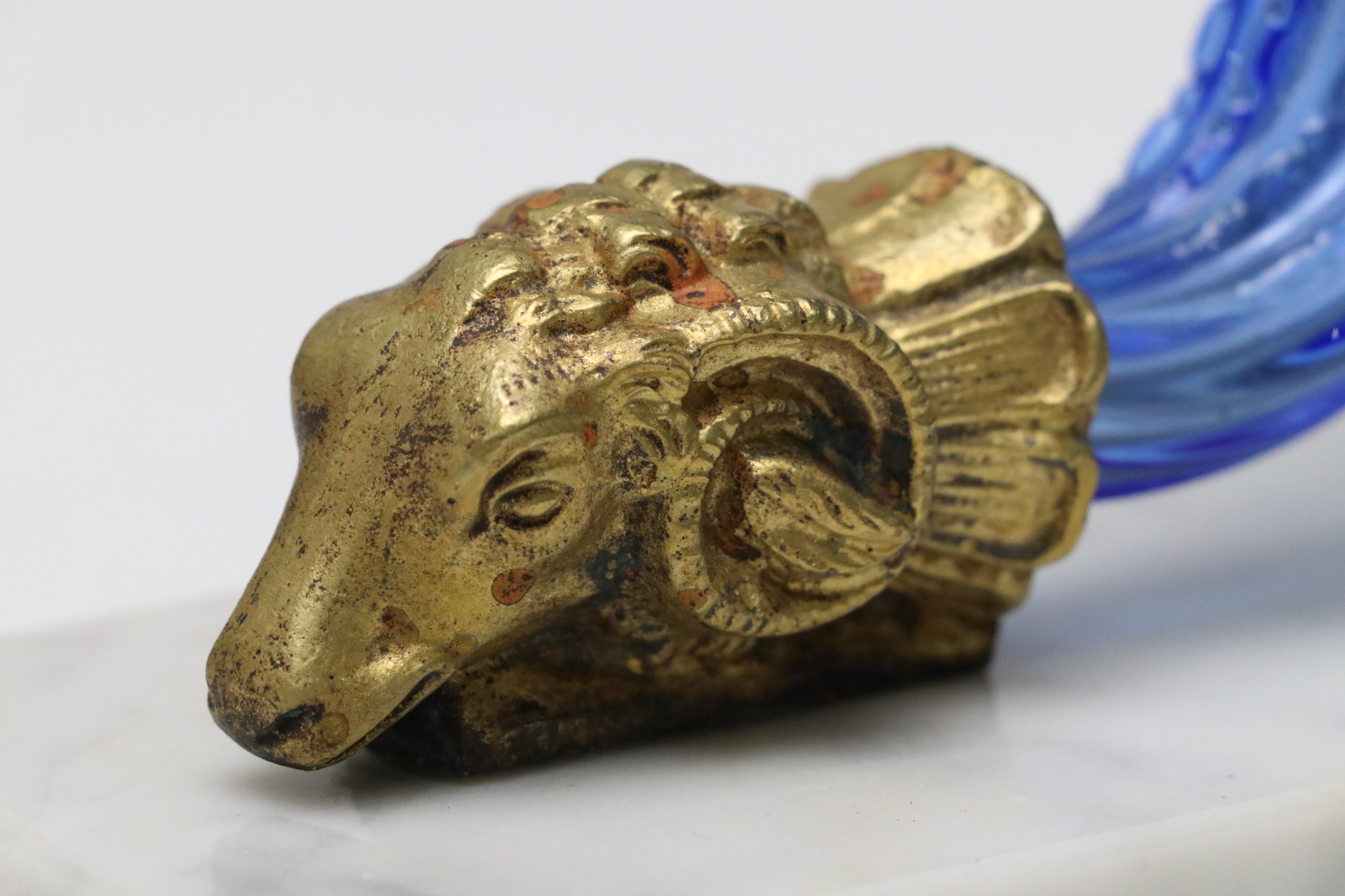 Blue Pressed Glass Cornucopia Vases On Marble Bases with Brass Ram Head Accents