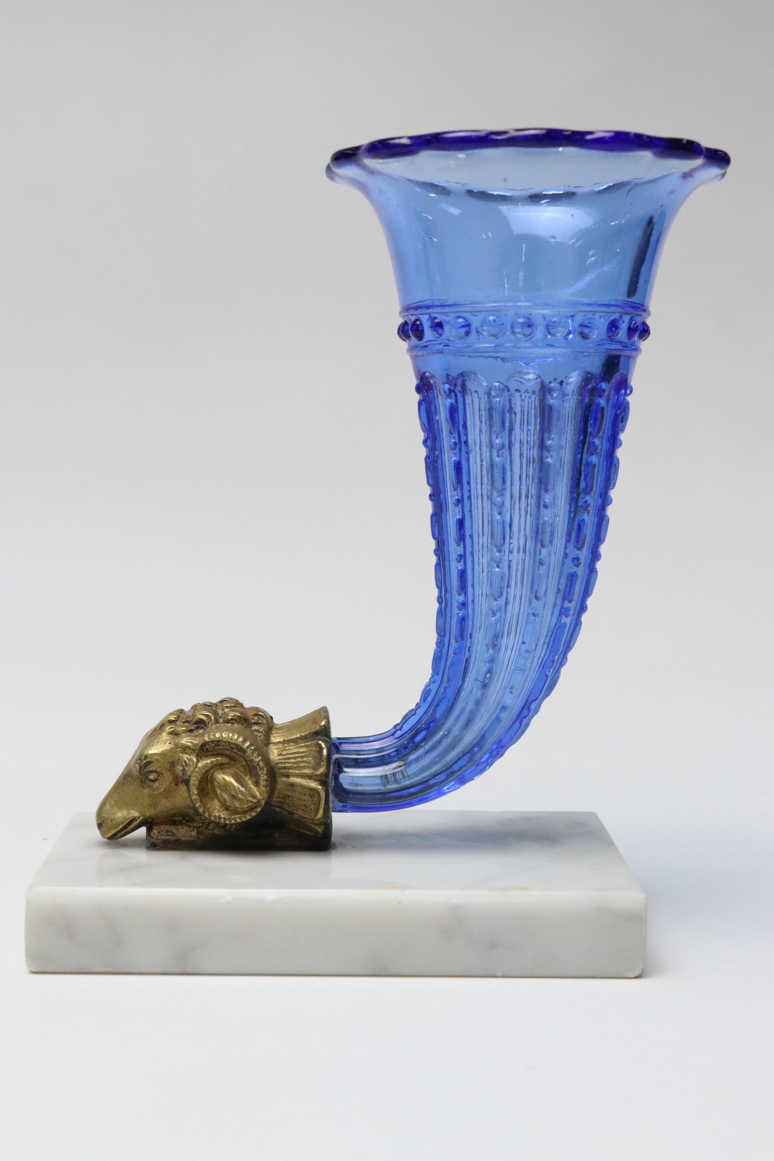 Blue Pressed Glass Cornucopia Vases On Marble Bases with Brass Ram Head Accents