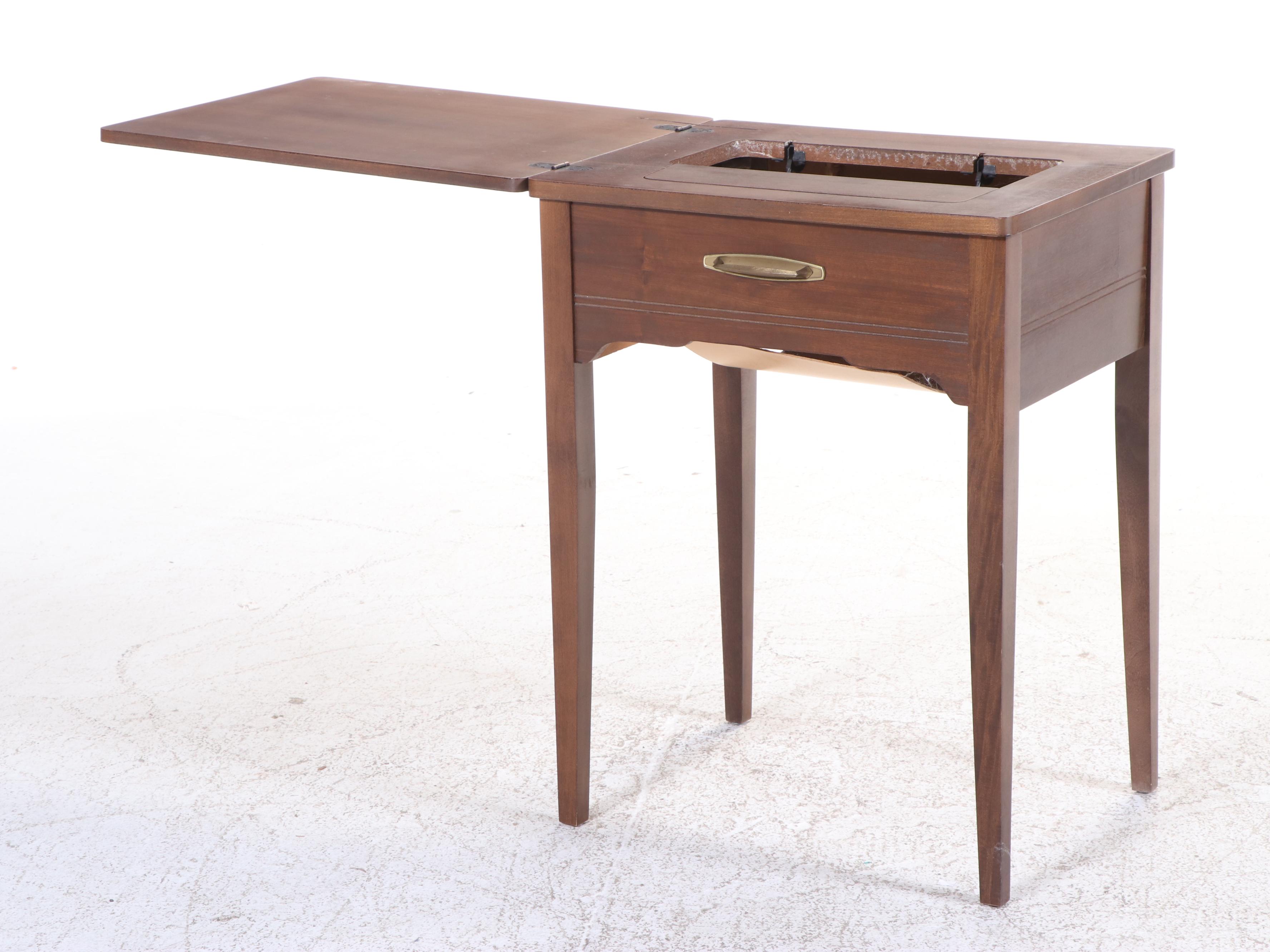 Mid Century Modern Style Walnut Finish Sewing Machine Table and Chair