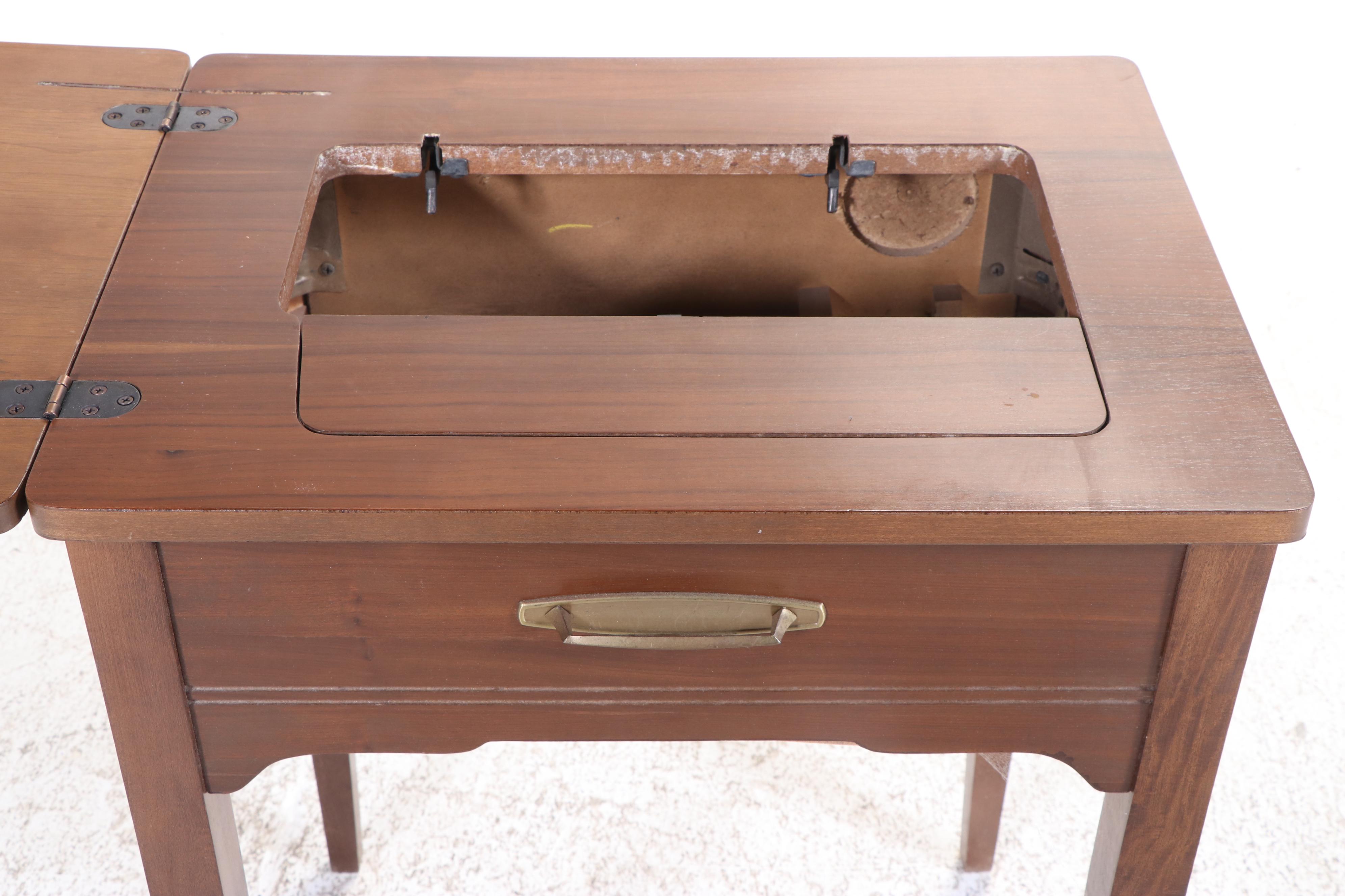 Mid Century Modern Style Walnut Finish Sewing Machine Table and Chair