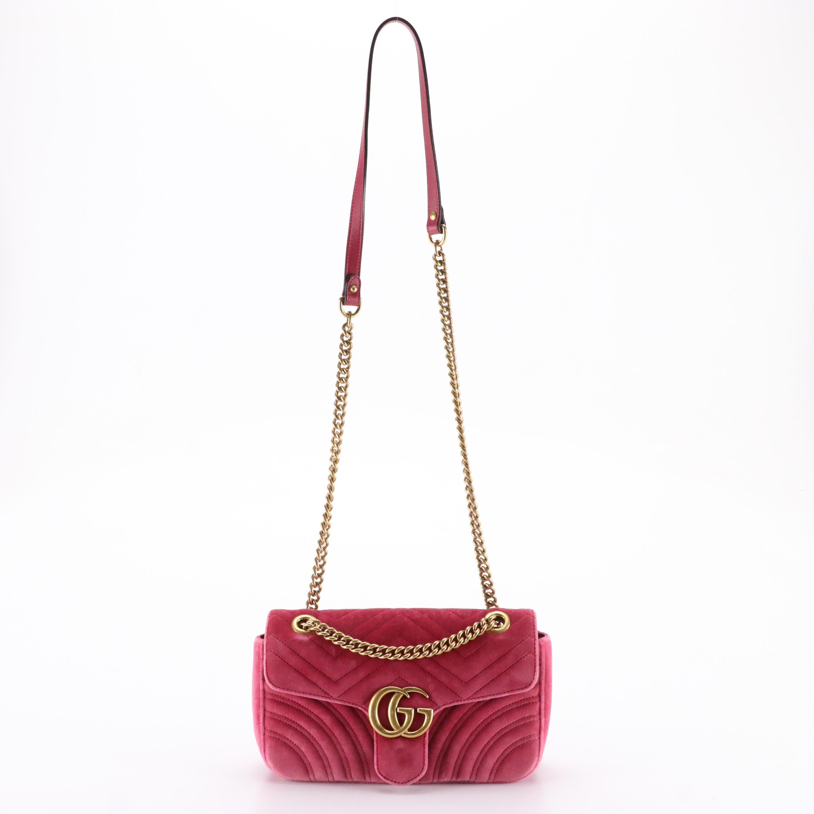 Gucci Marmont Crossbody Bag in Berry Pink Matelassé Velvet and Leather Trim