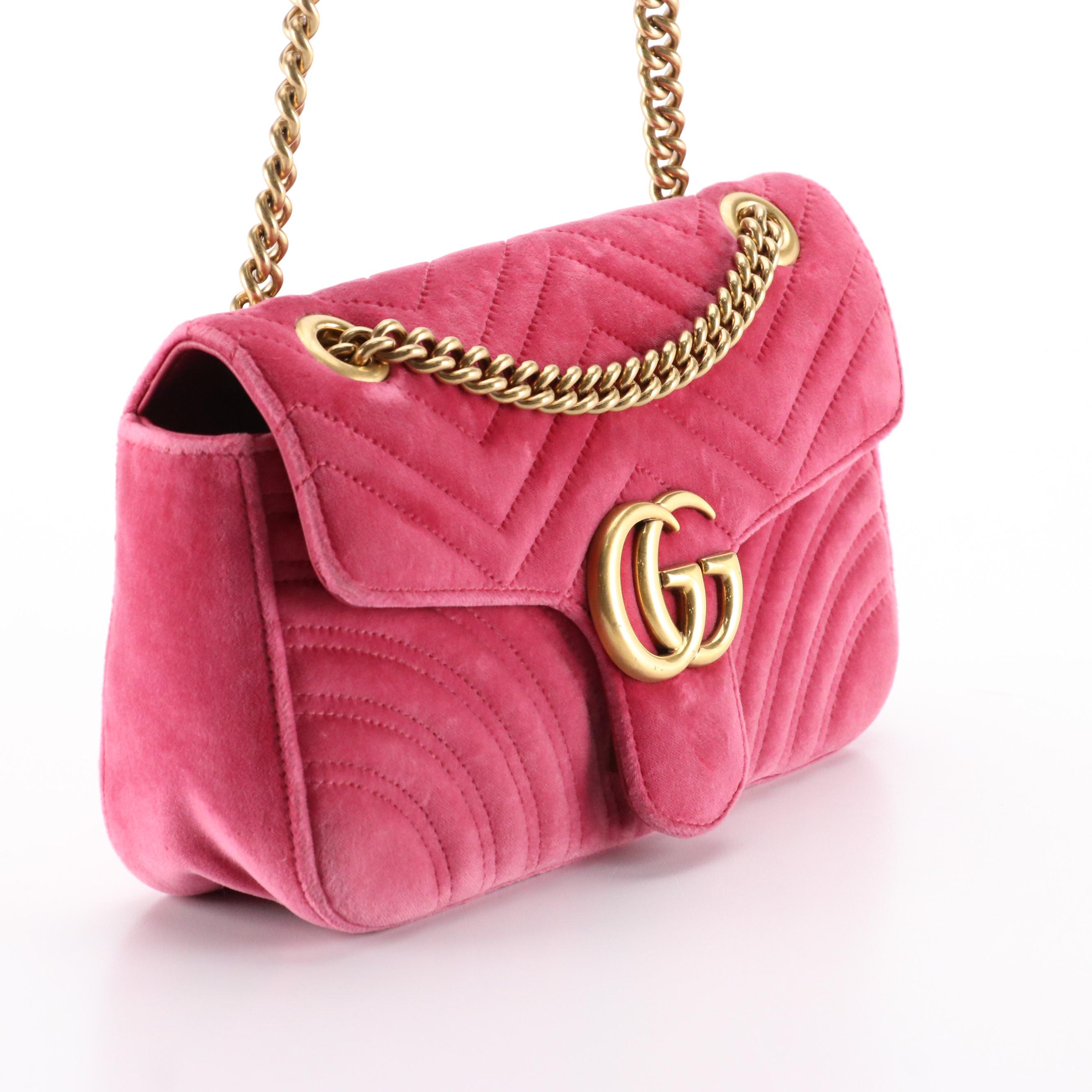 Gucci Marmont Crossbody Bag in Berry Pink Matelassé Velvet and Leather Trim