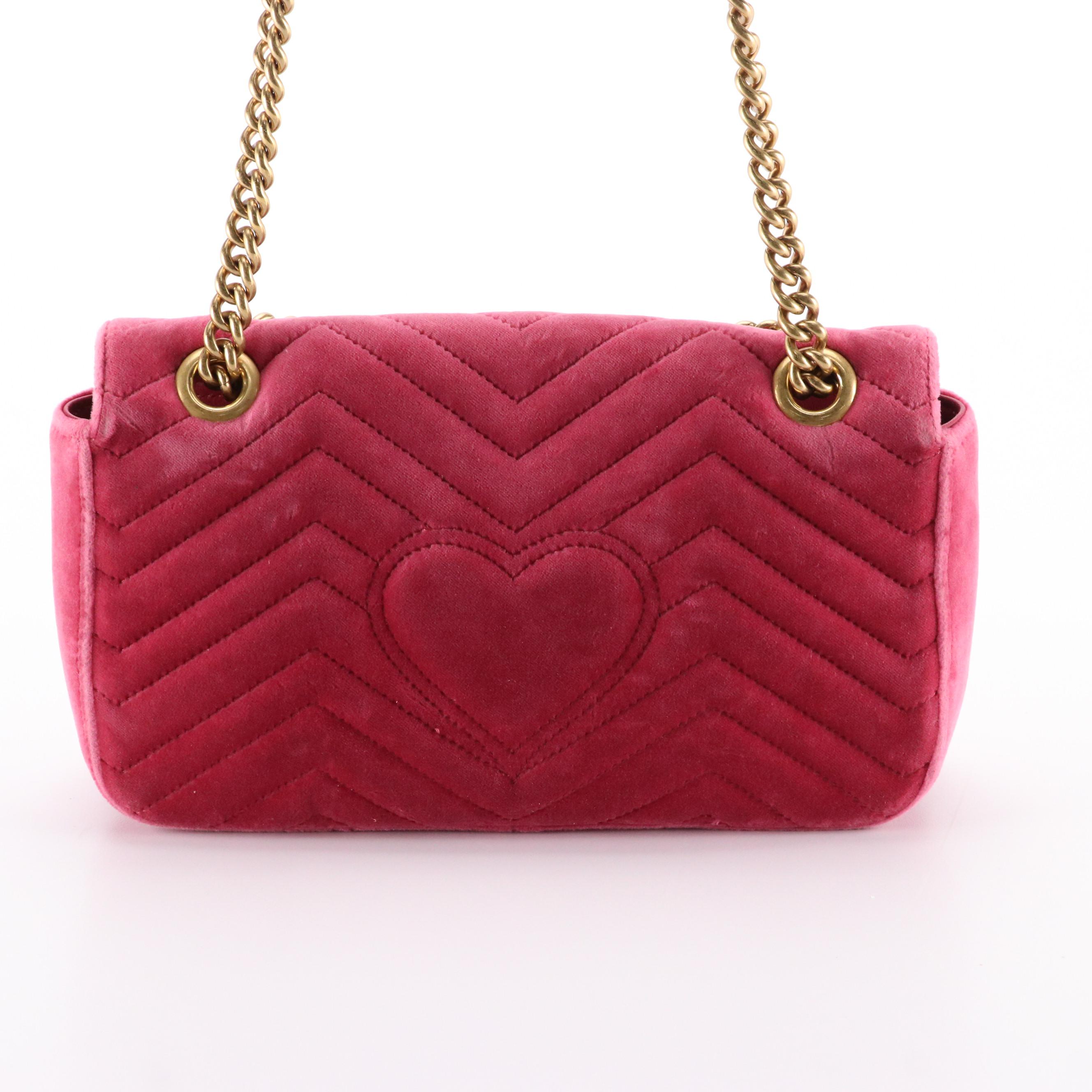 Gucci Marmont Crossbody Bag in Berry Pink Matelassé Velvet and Leather Trim