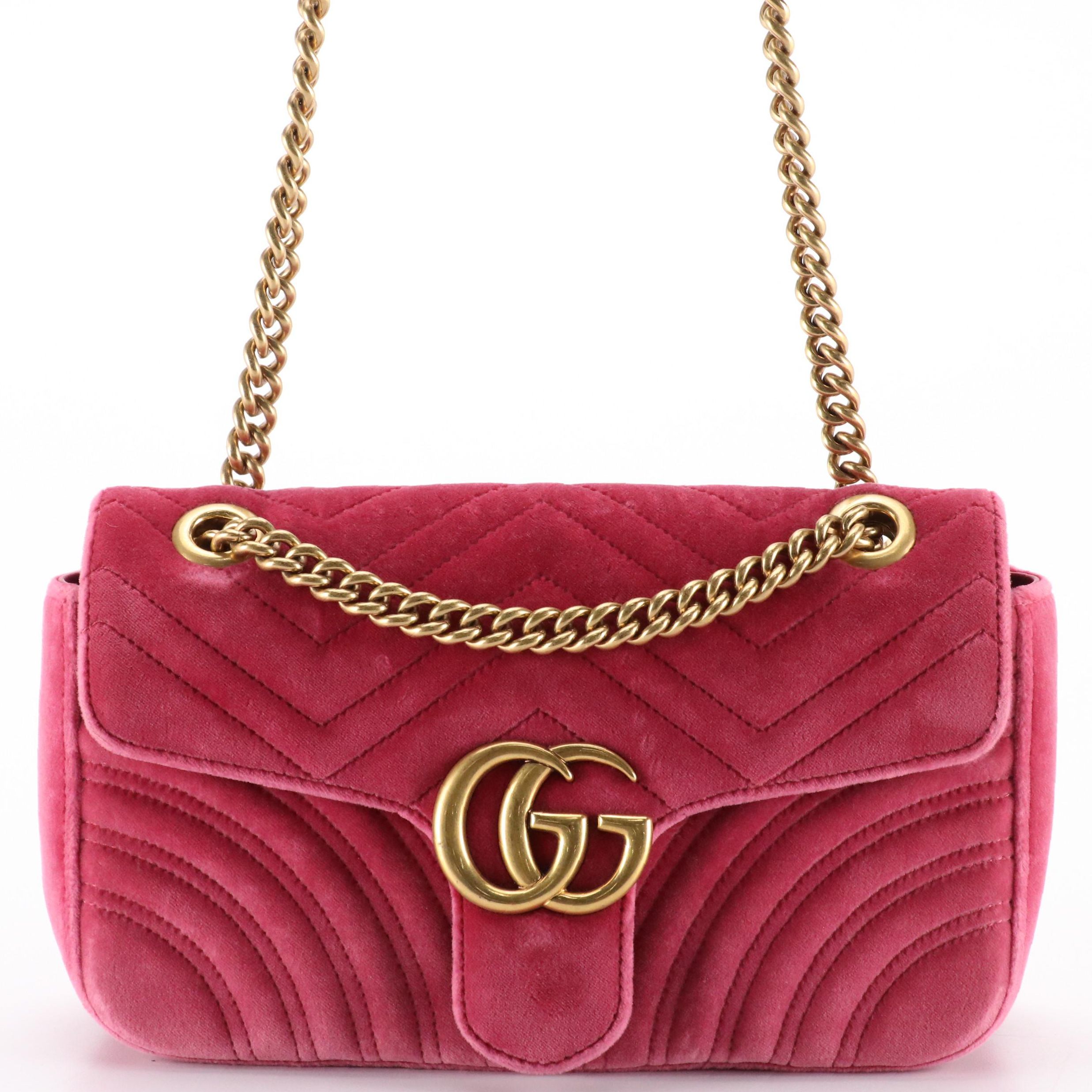 Gucci Marmont Crossbody Bag in Berry Pink Matelassé Velvet and Leather Trim