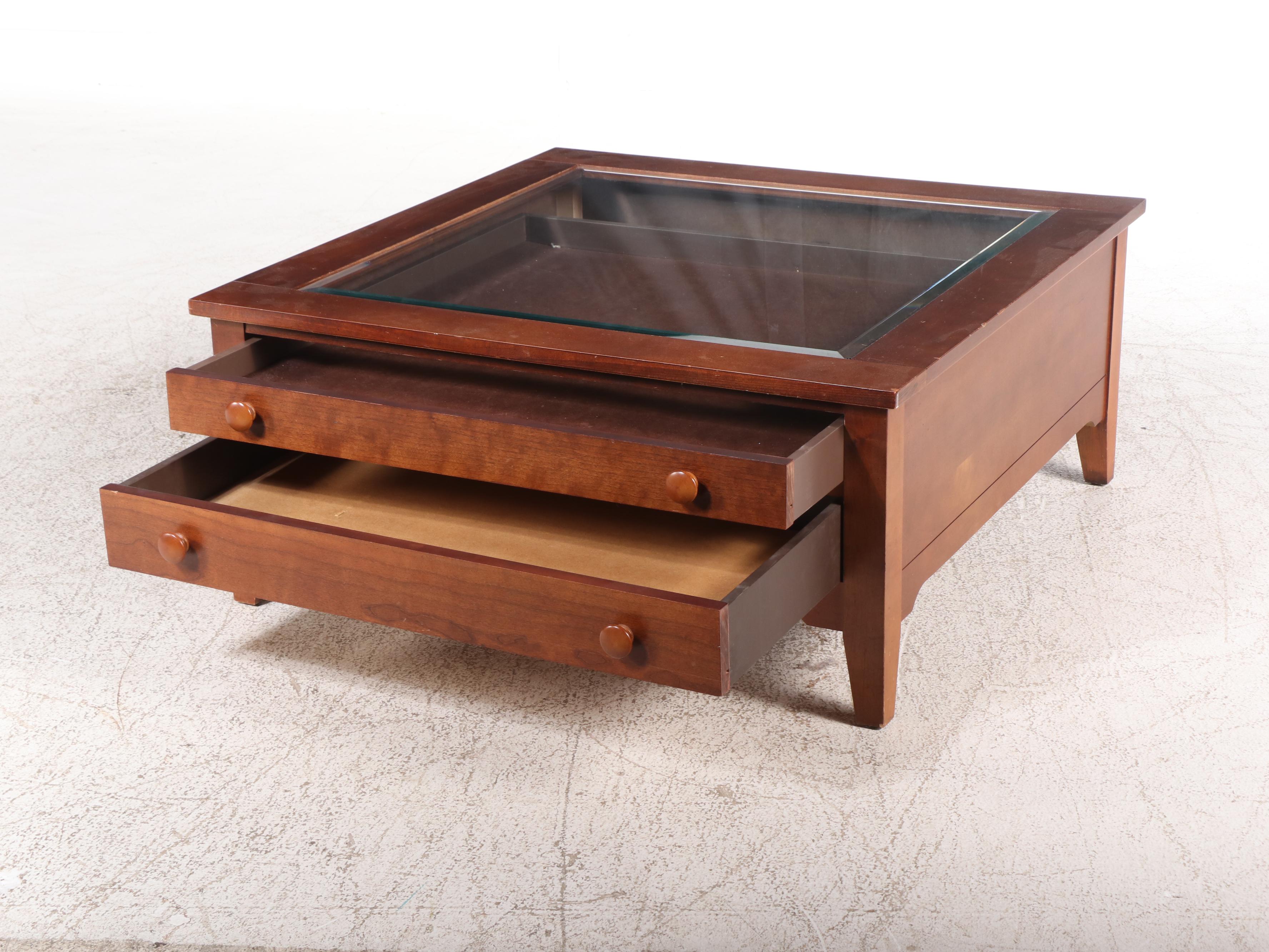Shaker Style Cherrywood and Glass Top Two-Drawer Coffee Table