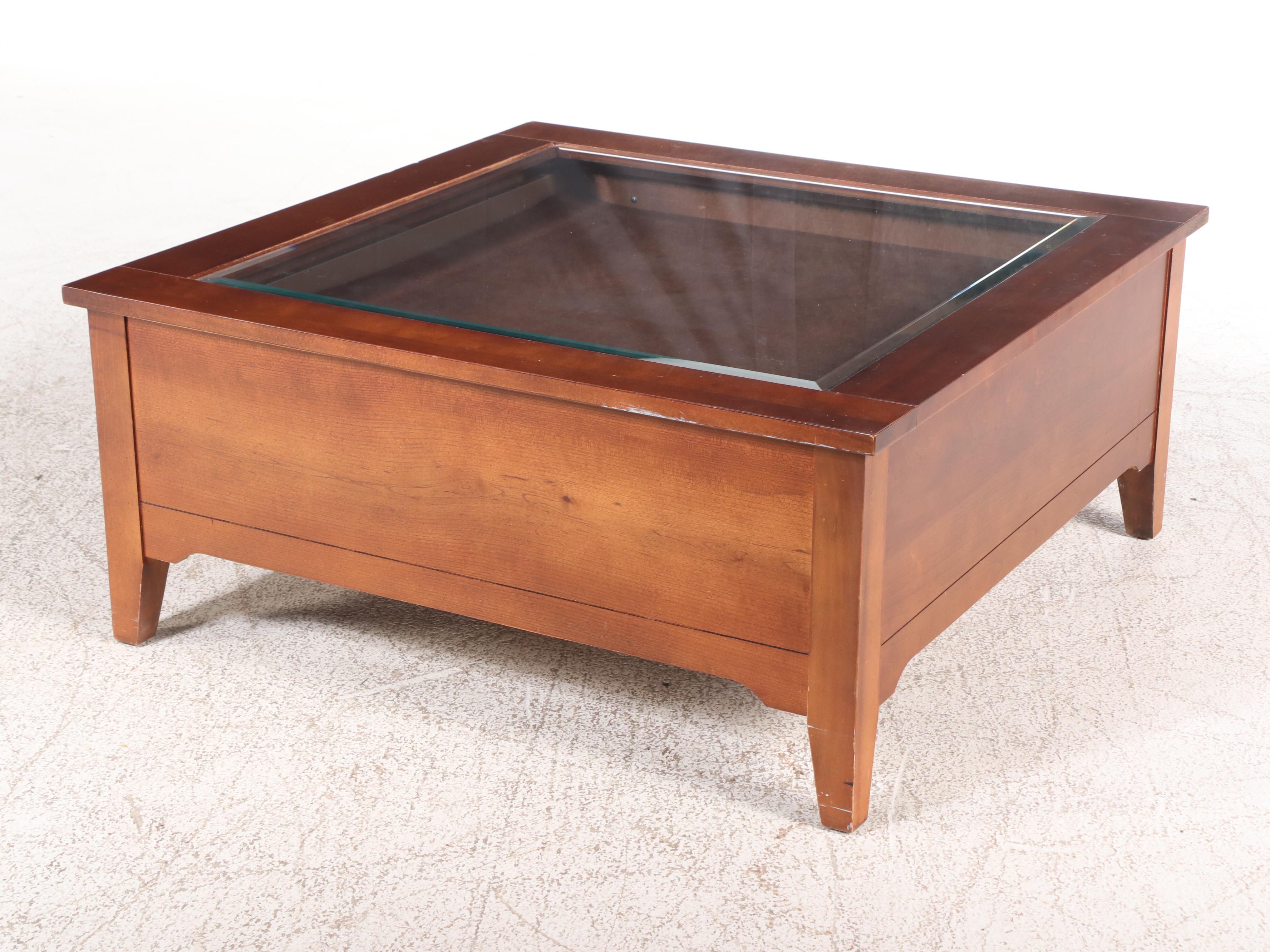 Shaker Style Cherrywood and Glass Top Two-Drawer Coffee Table