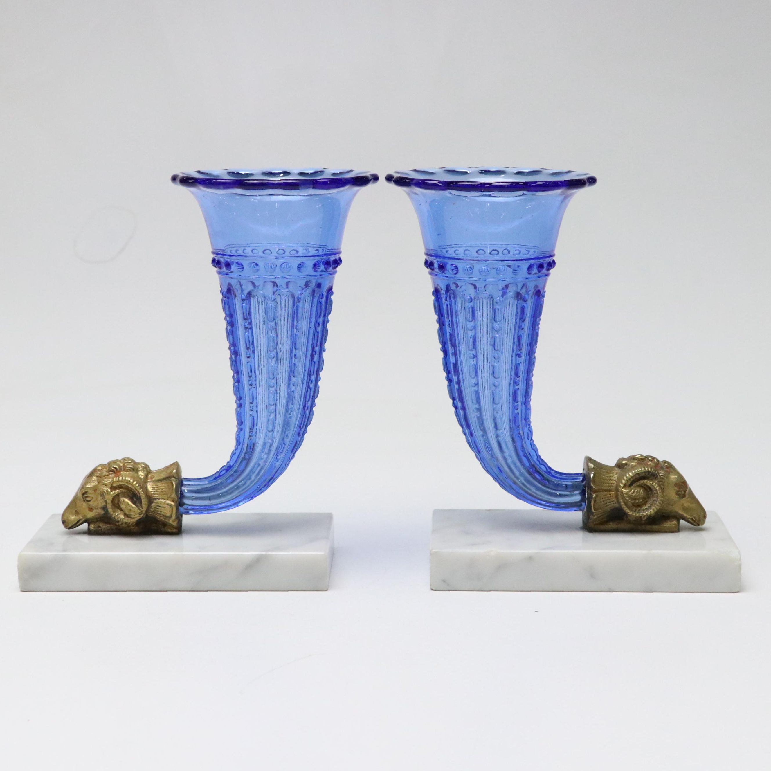 Blue Pressed Glass Cornucopia Vases On Marble Bases with Brass Ram Head Accents