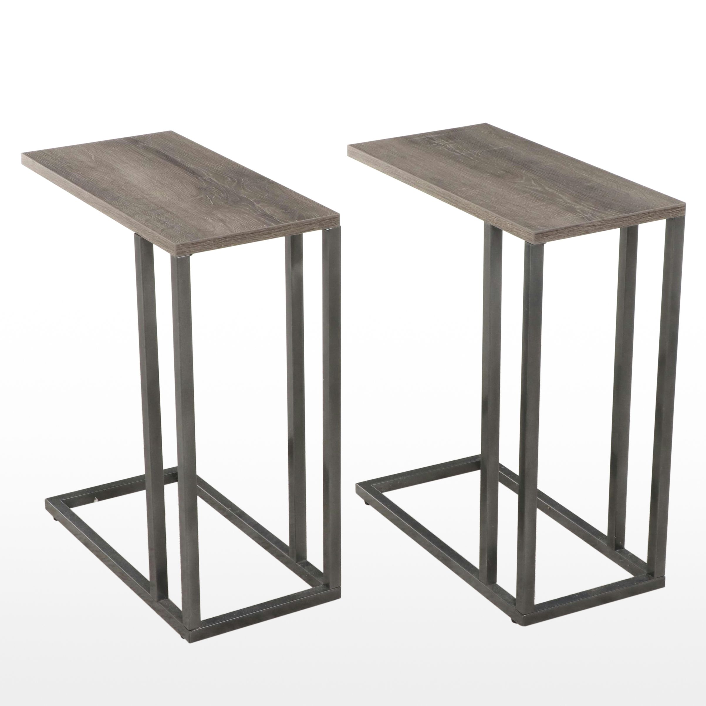 Pair of The Container Store Powder-Coated Metal & Oak-Grained Laminate C-Tables
