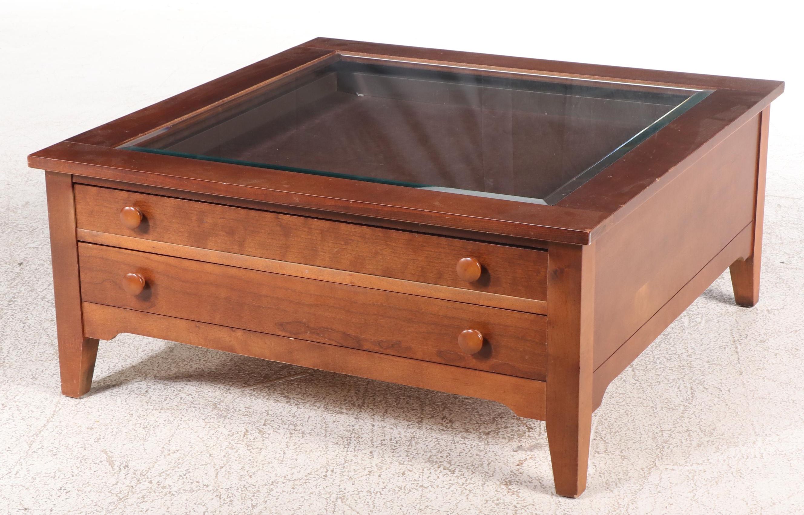 Shaker Style Cherrywood and Glass Top Two-Drawer Coffee Table