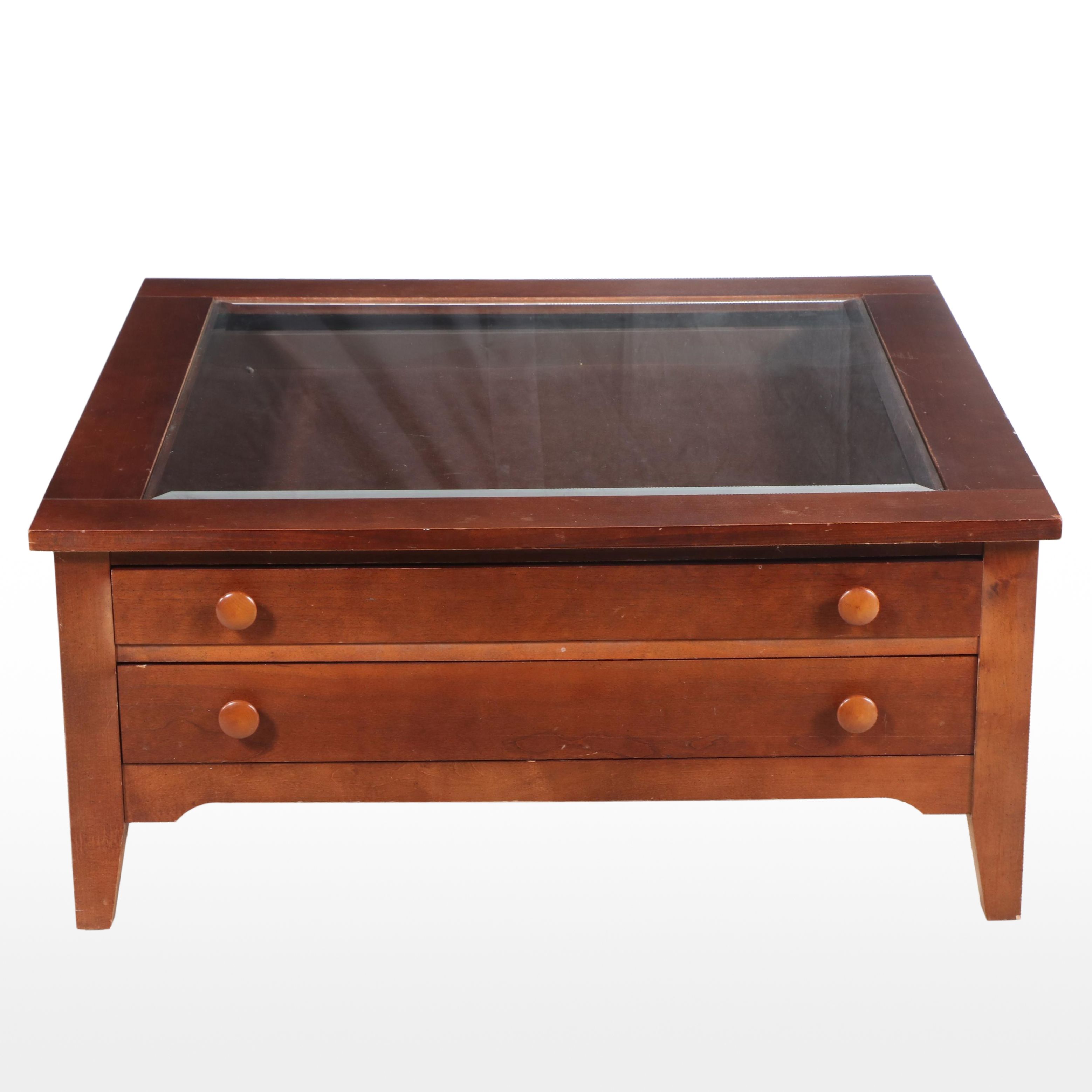Shaker Style Cherrywood and Glass Top Two-Drawer Coffee Table