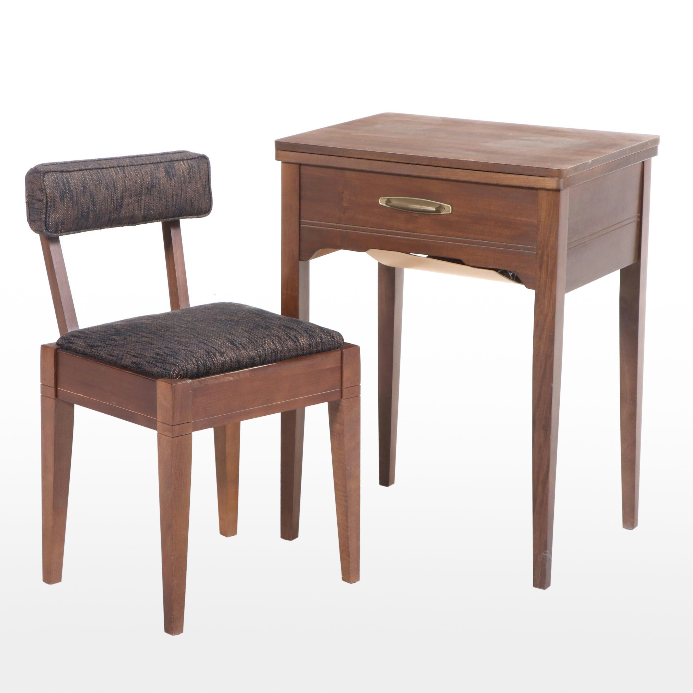 Mid Century Modern Style Walnut Finish Sewing Machine Table and Chair