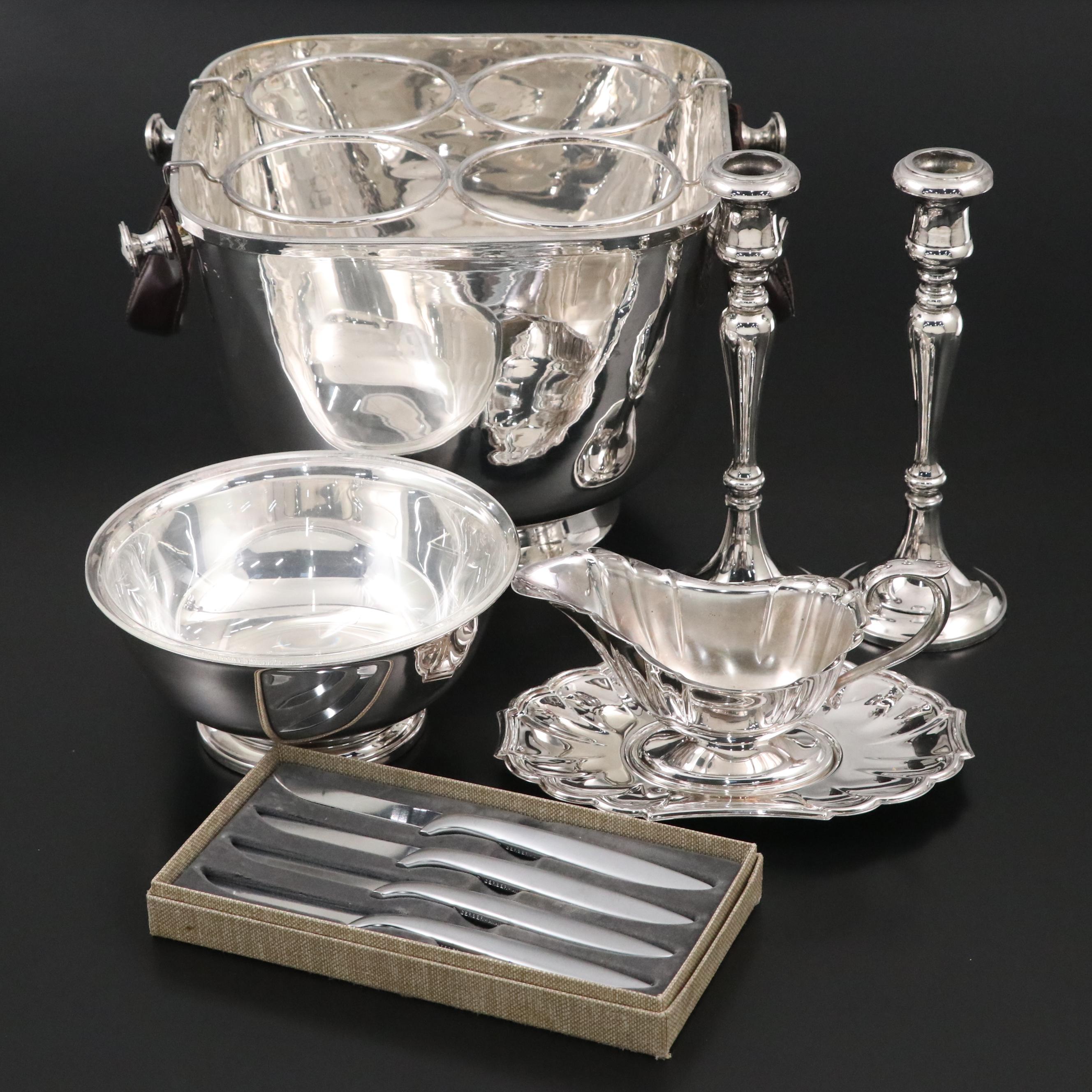 Gorham Silver Plate Paul Revere Bowls with Steak Knives and Other Tableware