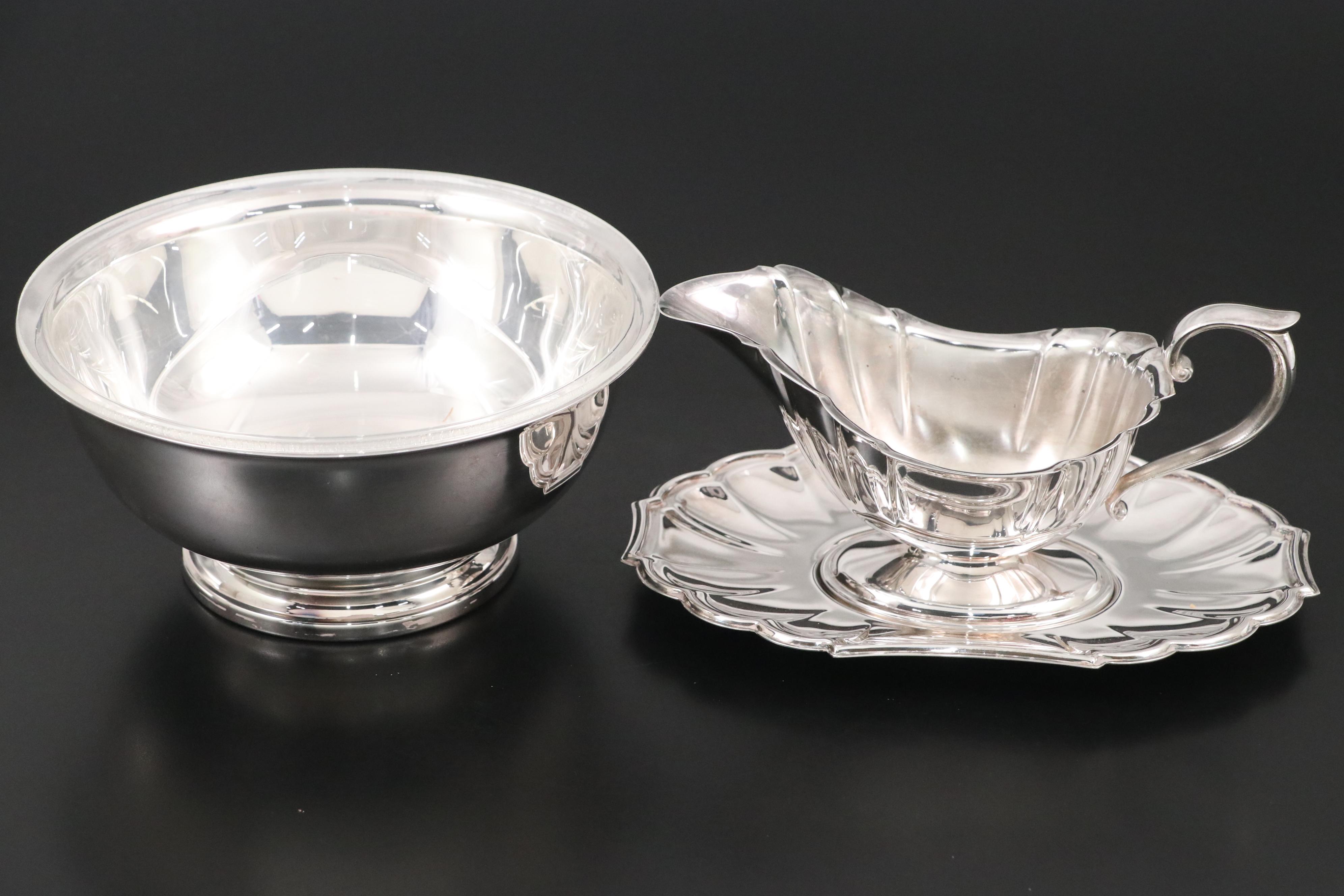 Gorham Silver Plate Paul Revere Bowls with Steak Knives and Other Tableware