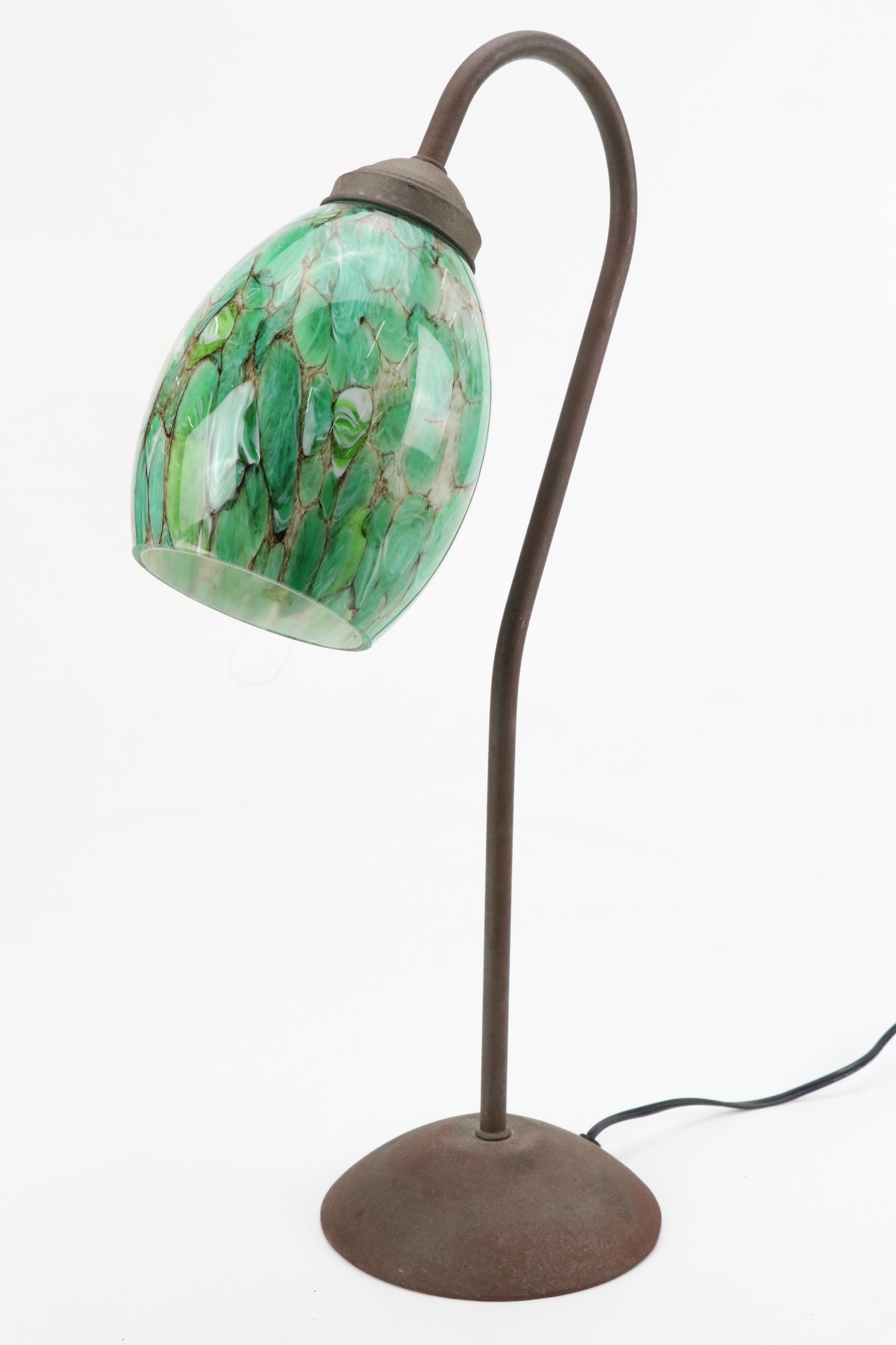 Pottery Barn Iron Curved Table Lamp with Mottled Green Glass Shade, 21st Century