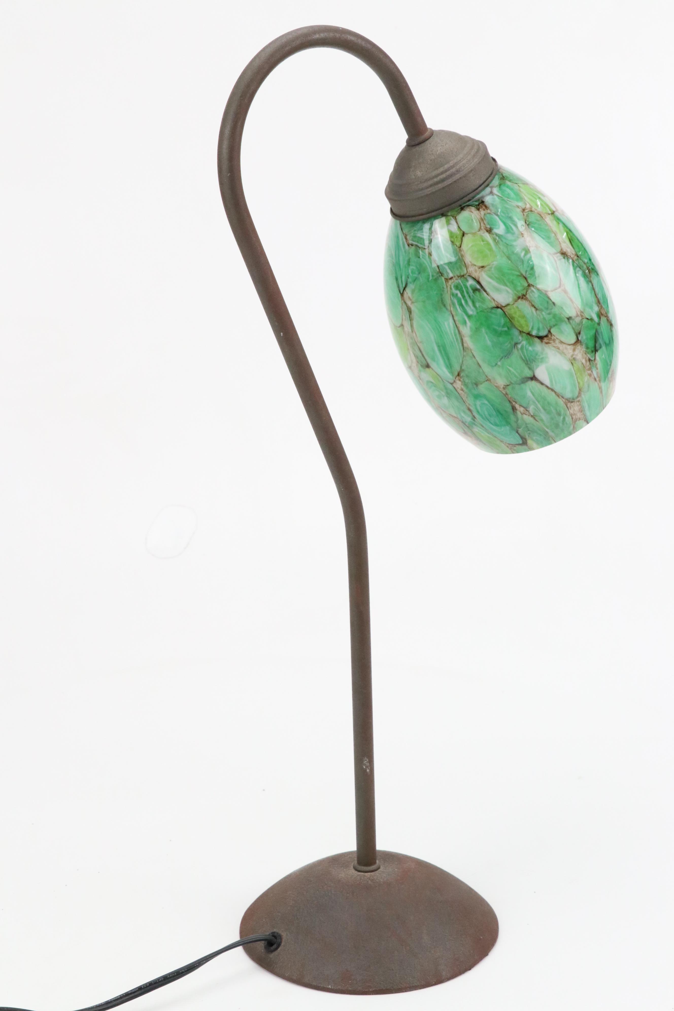 Pottery Barn Iron Curved Table Lamp with Mottled Green Glass Shade, 21st Century