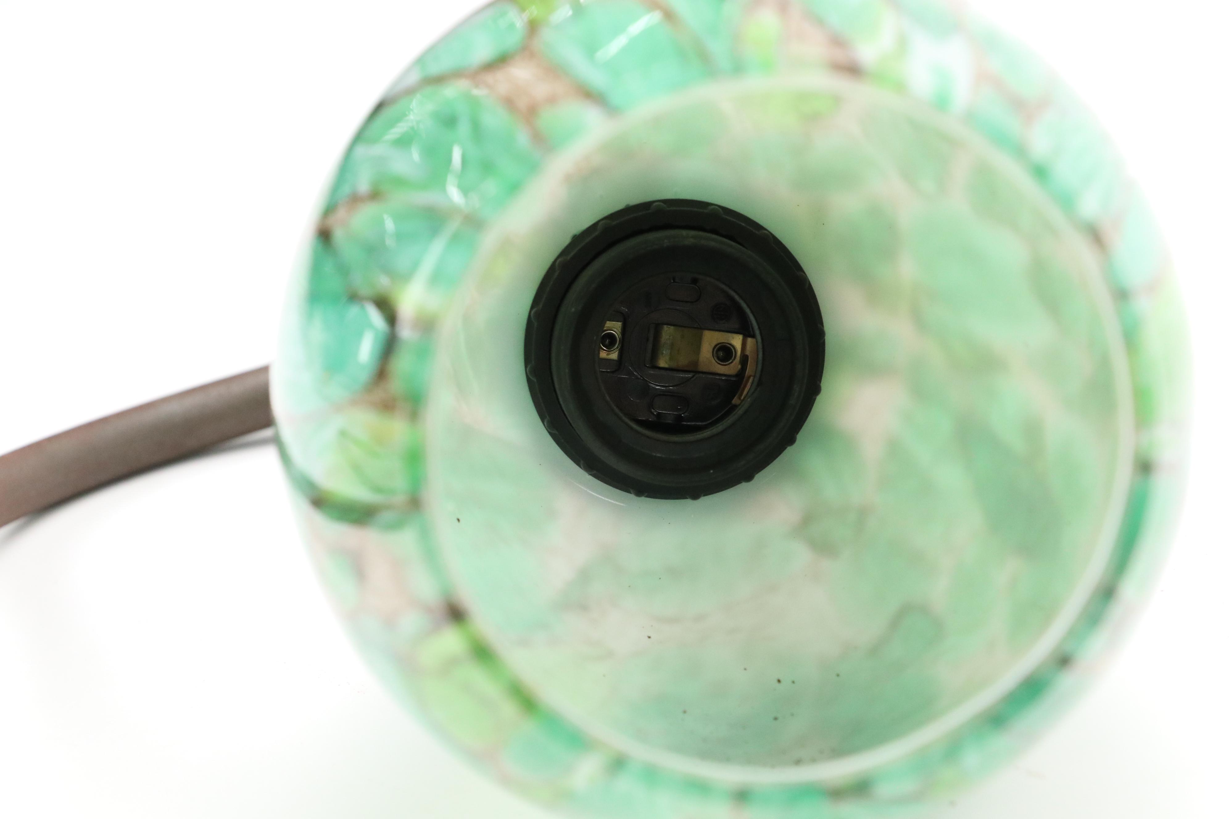 Pottery Barn Iron Curved Table Lamp with Mottled Green Glass Shade, 21st Century