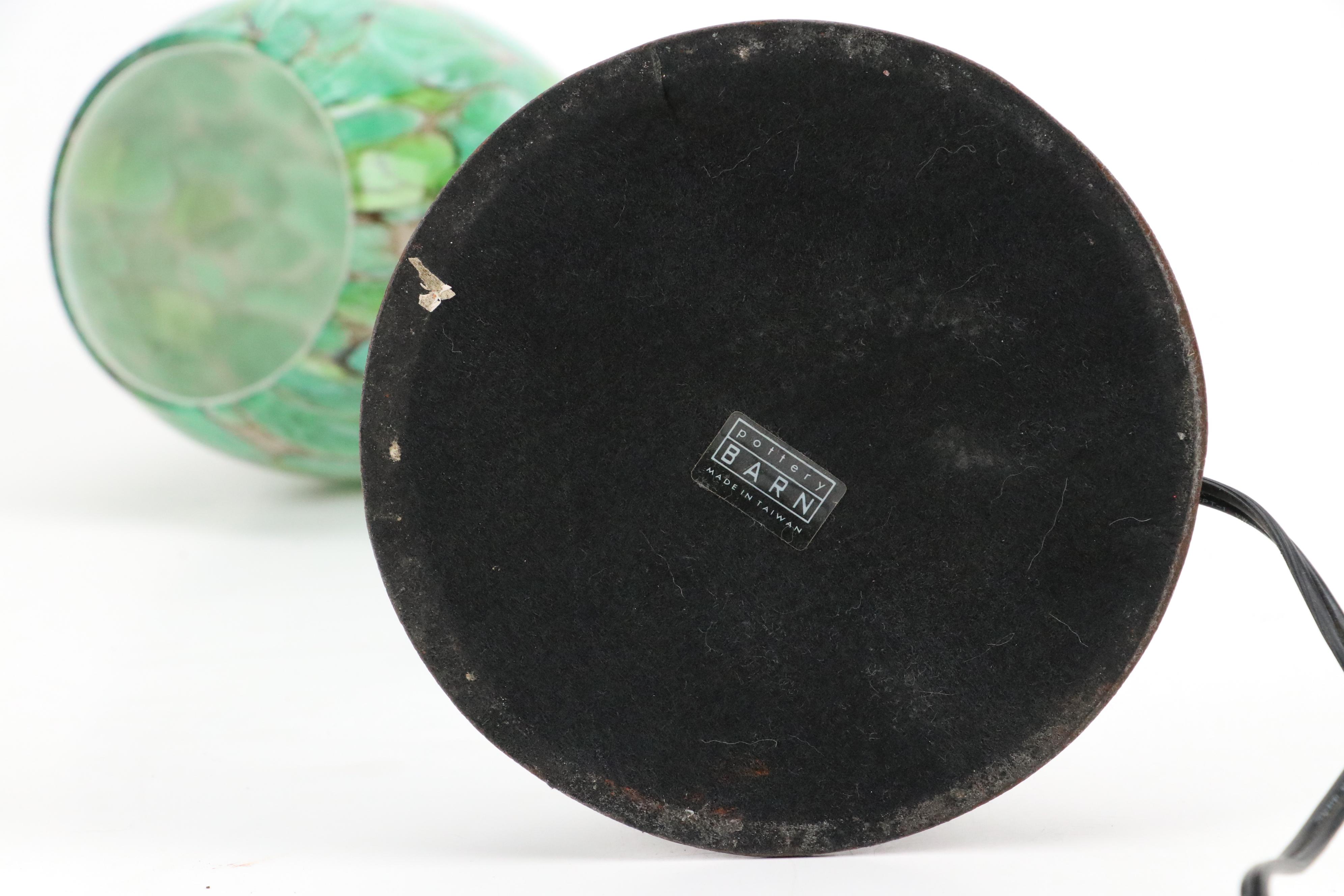 Pottery Barn Iron Curved Table Lamp with Mottled Green Glass Shade, 21st Century