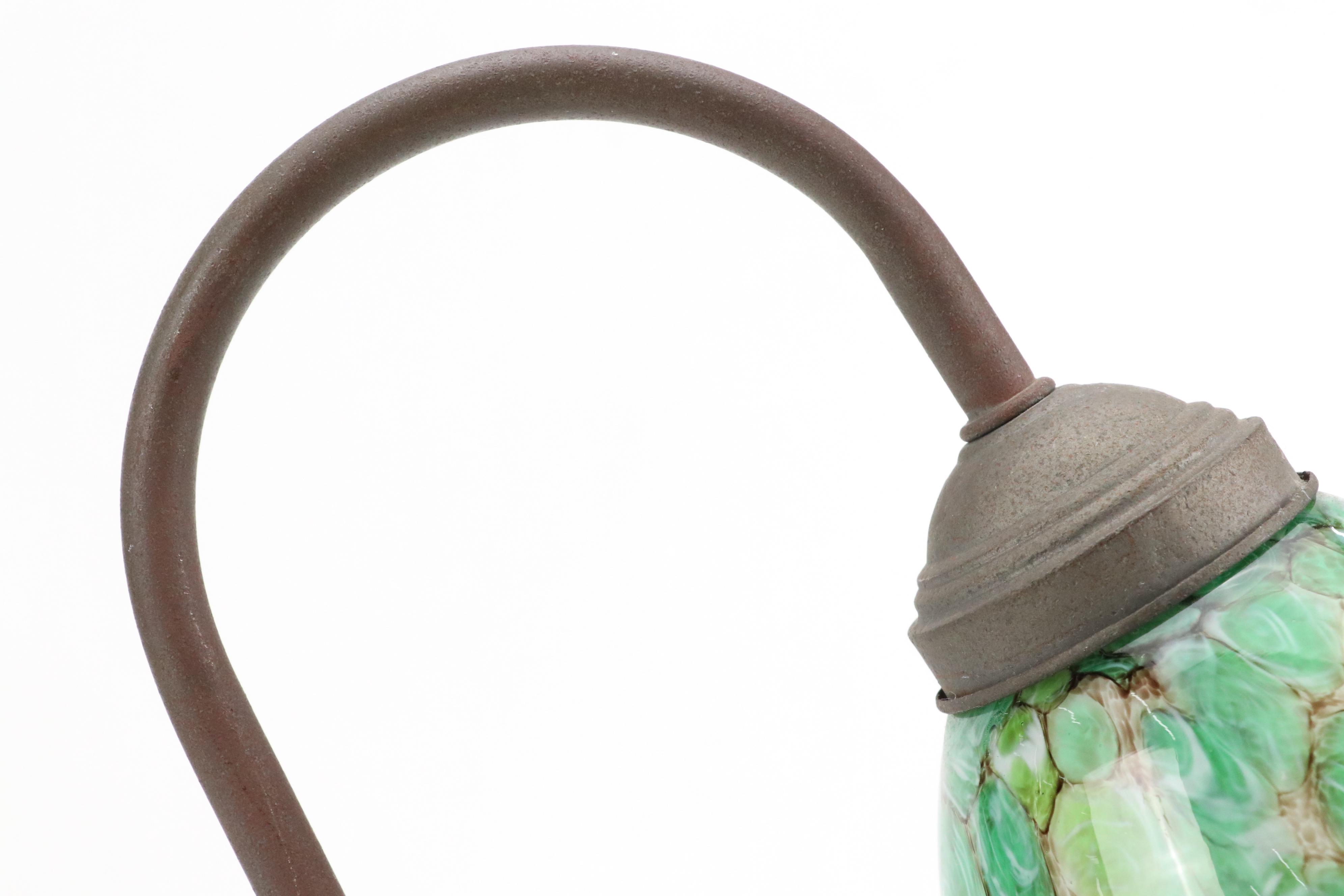 Pottery Barn Iron Curved Table Lamp with Mottled Green Glass Shade, 21st Century