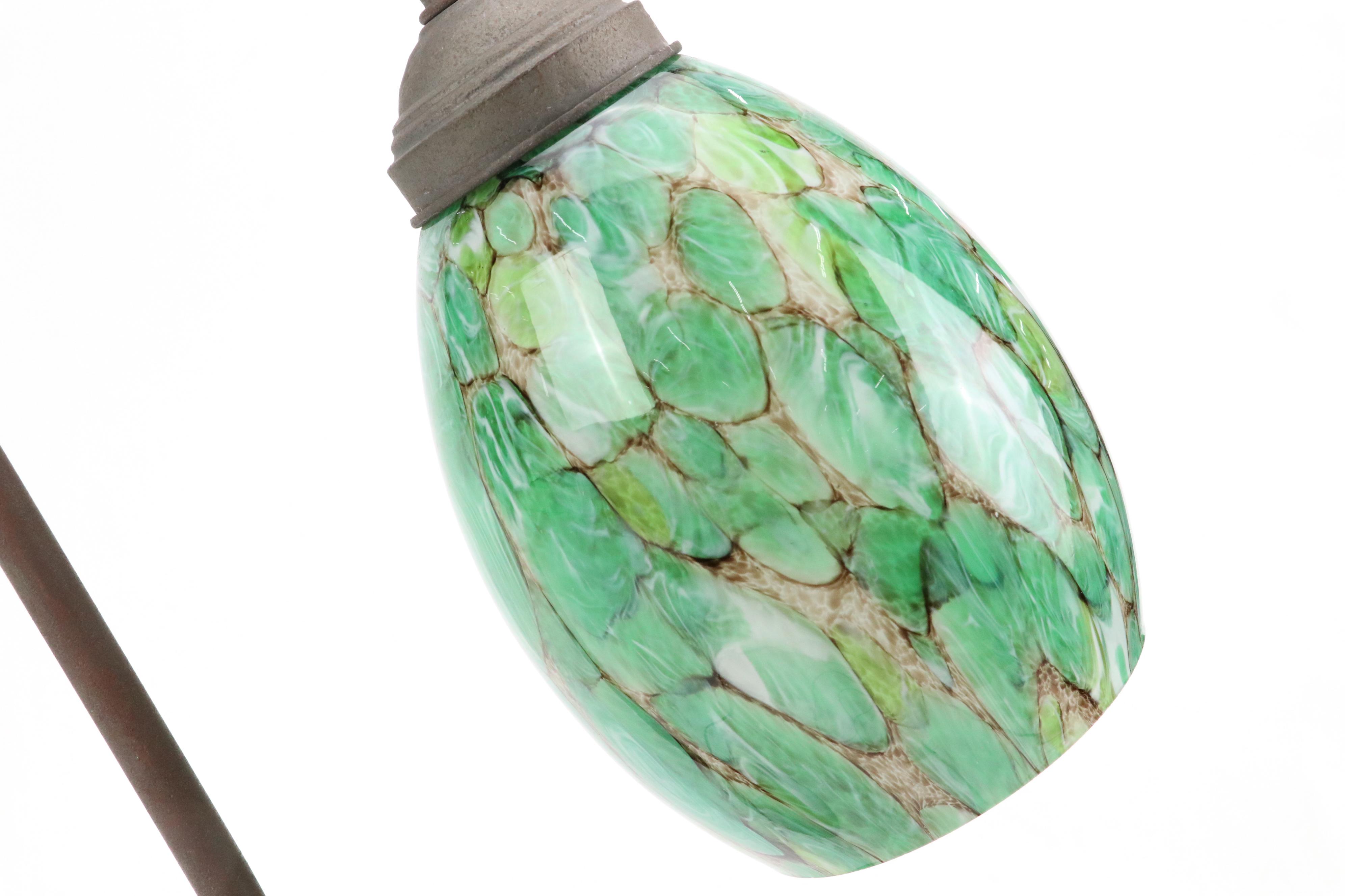 Pottery Barn Iron Curved Table Lamp with Mottled Green Glass Shade, 21st Century