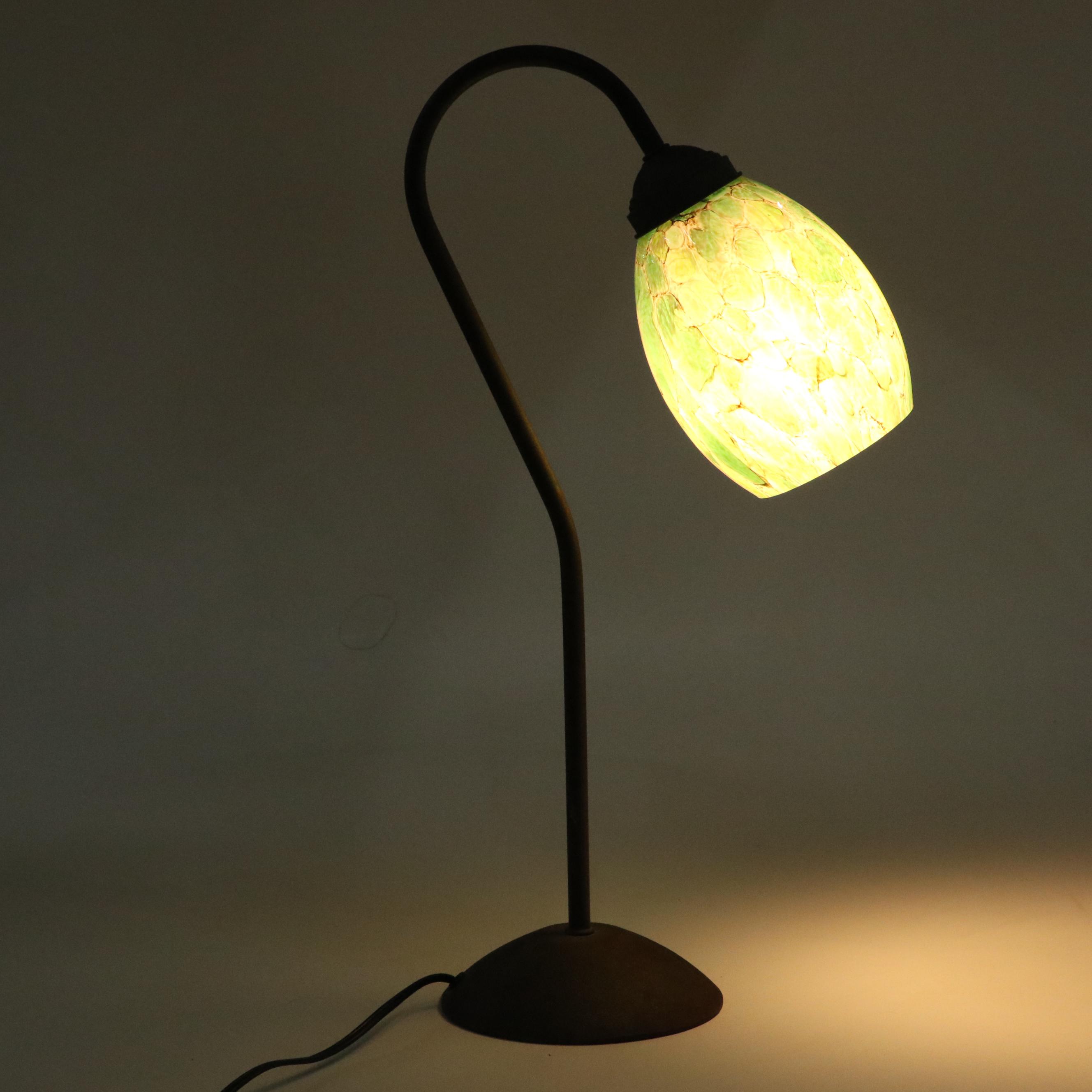 Pottery Barn Iron Curved Table Lamp with Mottled Green Glass Shade, 21st Century