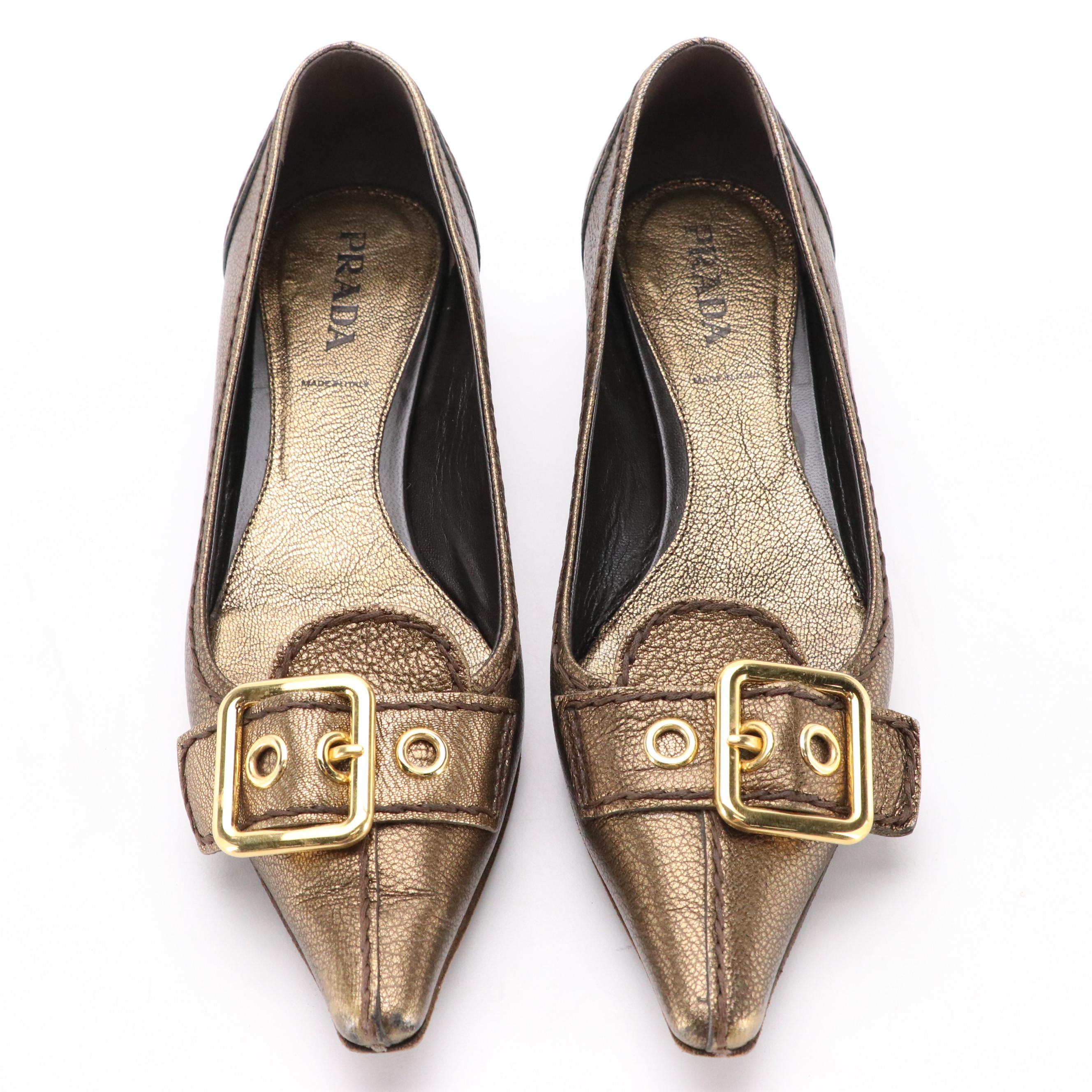 Prada Low Heel Buckle Pumps in Leather