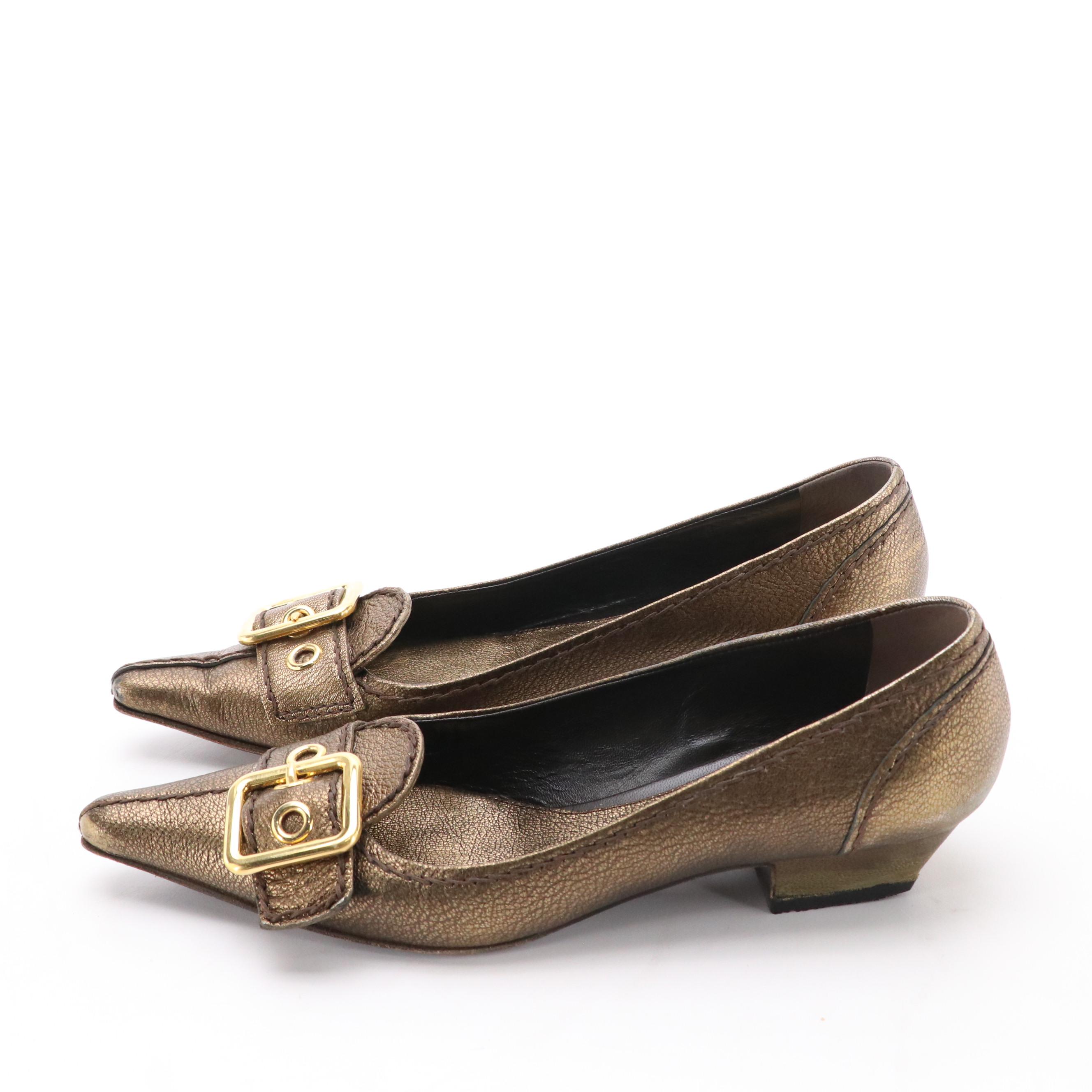 Prada Low Heel Buckle Pumps in Leather