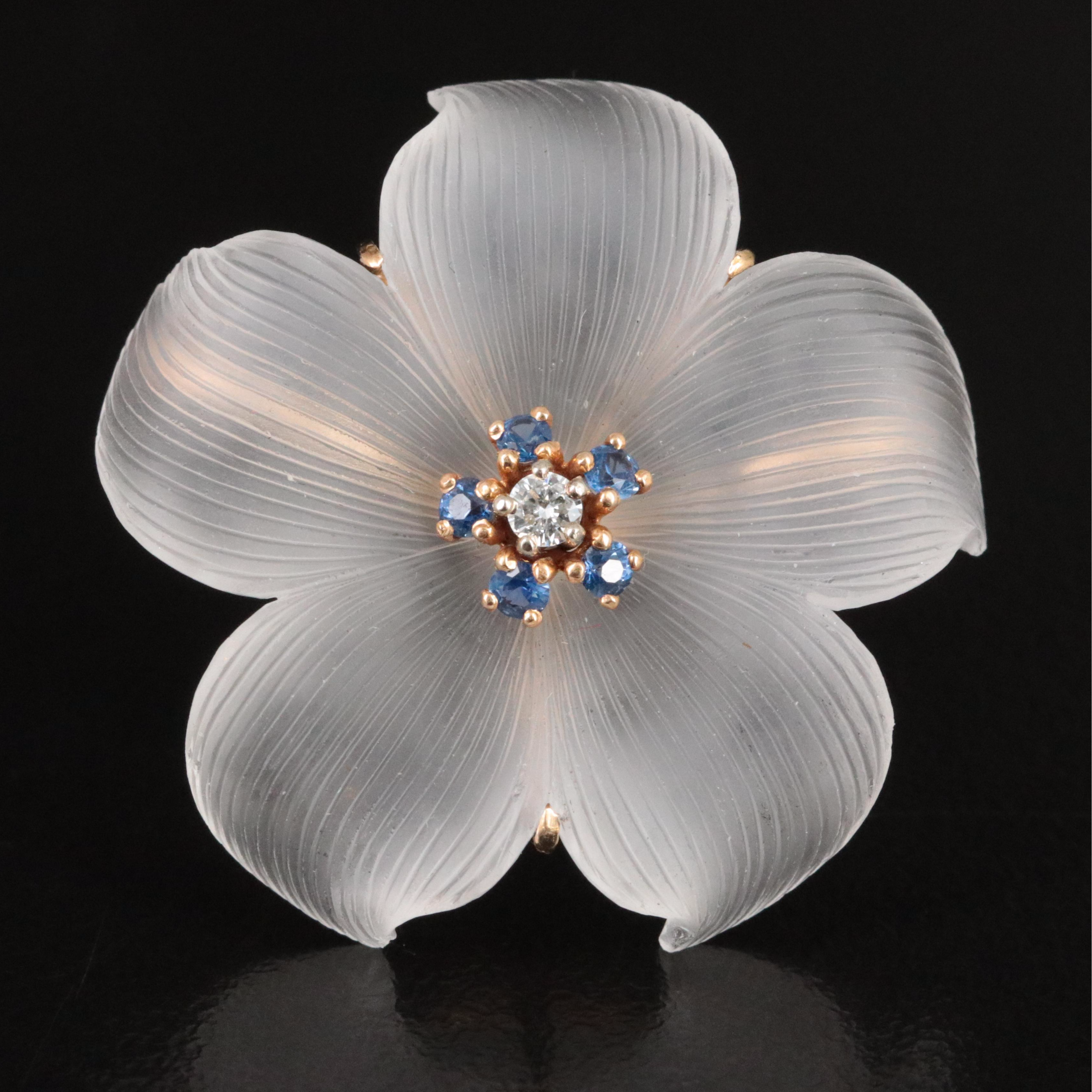 Tiffany & Co. 1940s 14K Carved Rock Crystal, Diamond and Sapphire Flower Brooch