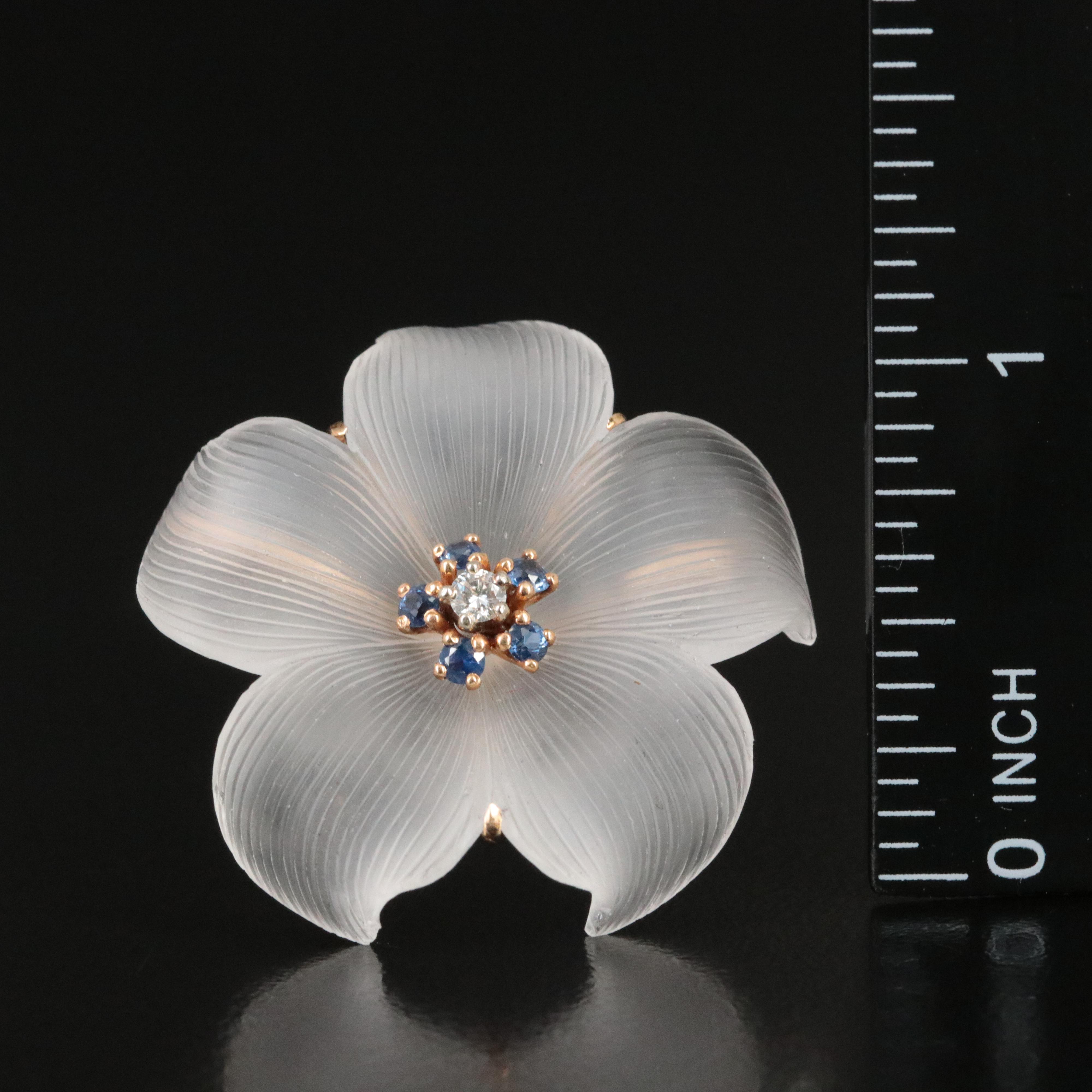 Tiffany & Co. 1940s 14K Carved Rock Crystal, Diamond and Sapphire Flower Brooch
