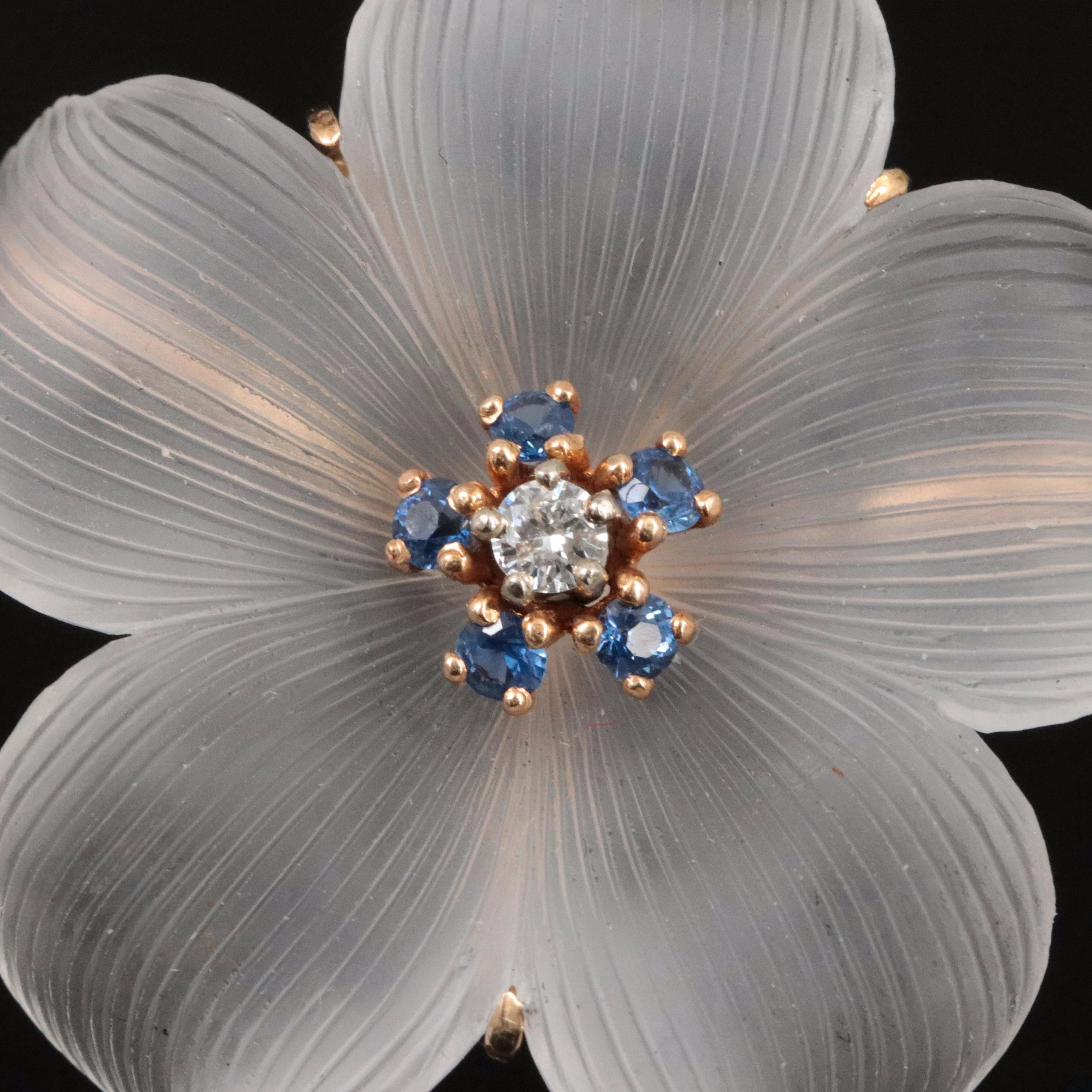 Tiffany & Co. 1940s 14K Carved Rock Crystal, Diamond and Sapphire Flower Brooch