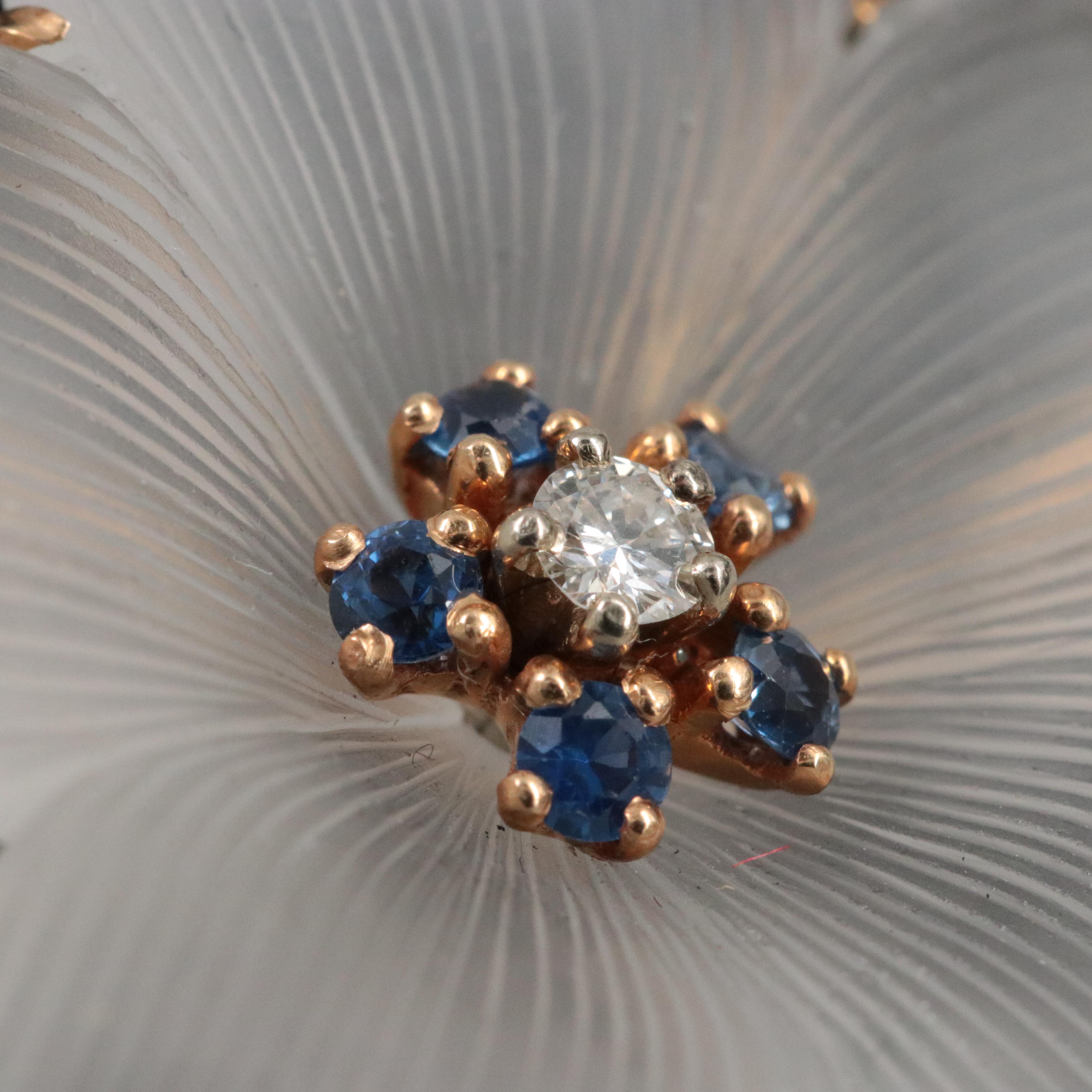 Tiffany & Co. 1940s 14K Carved Rock Crystal, Diamond and Sapphire Flower Brooch