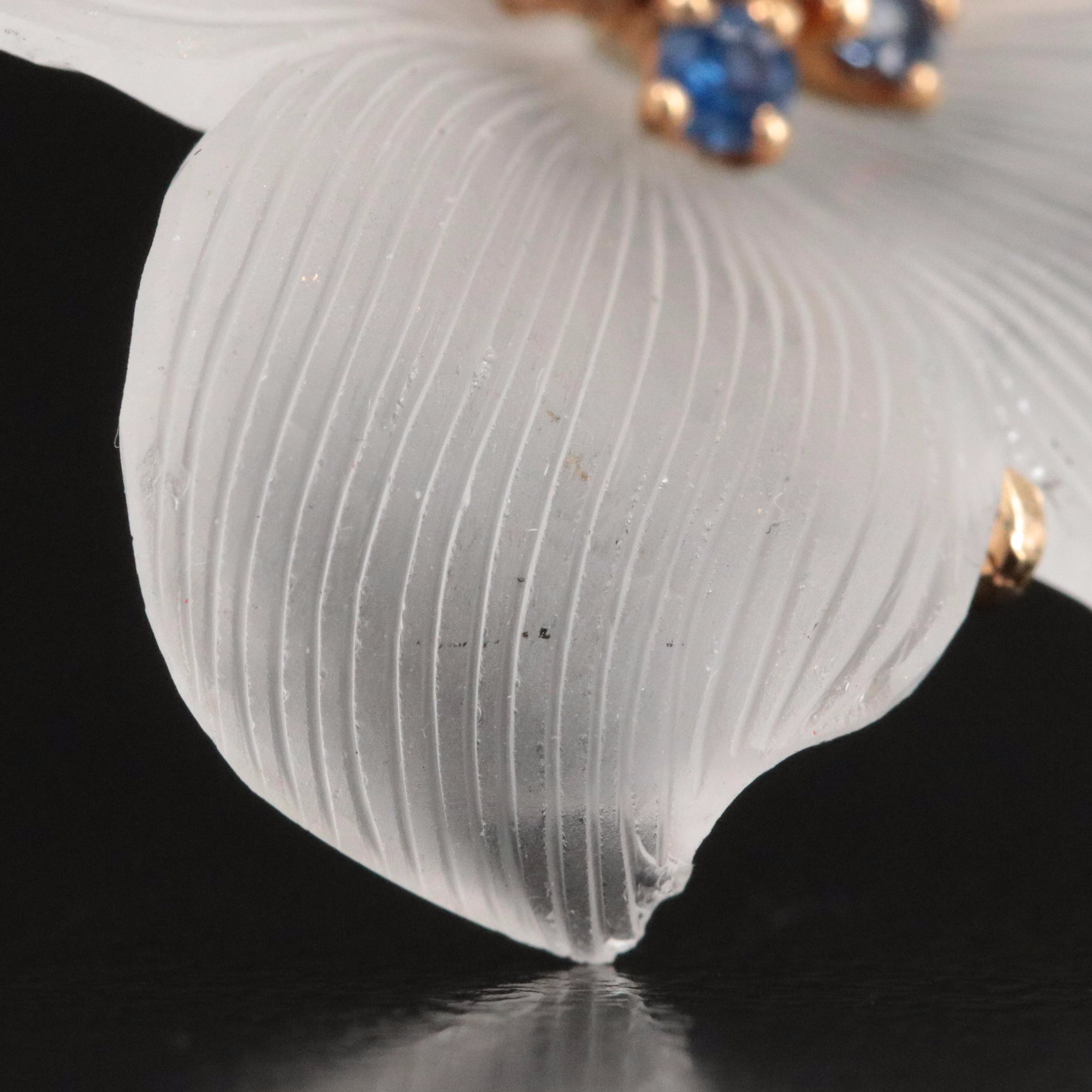 Tiffany & Co. 1940s 14K Carved Rock Crystal, Diamond and Sapphire Flower Brooch