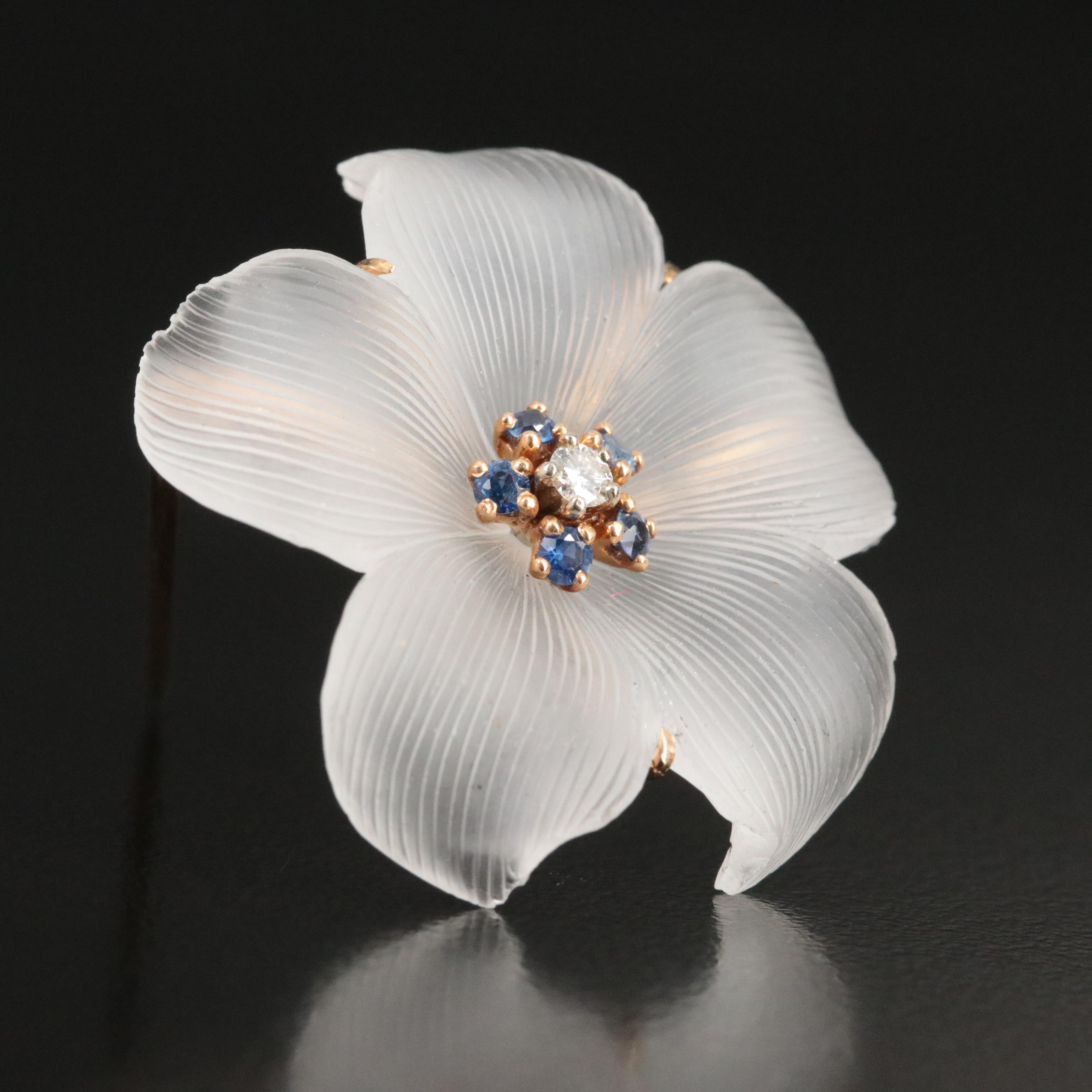 Tiffany & Co. 1940s 14K Carved Rock Crystal, Diamond and Sapphire Flower Brooch