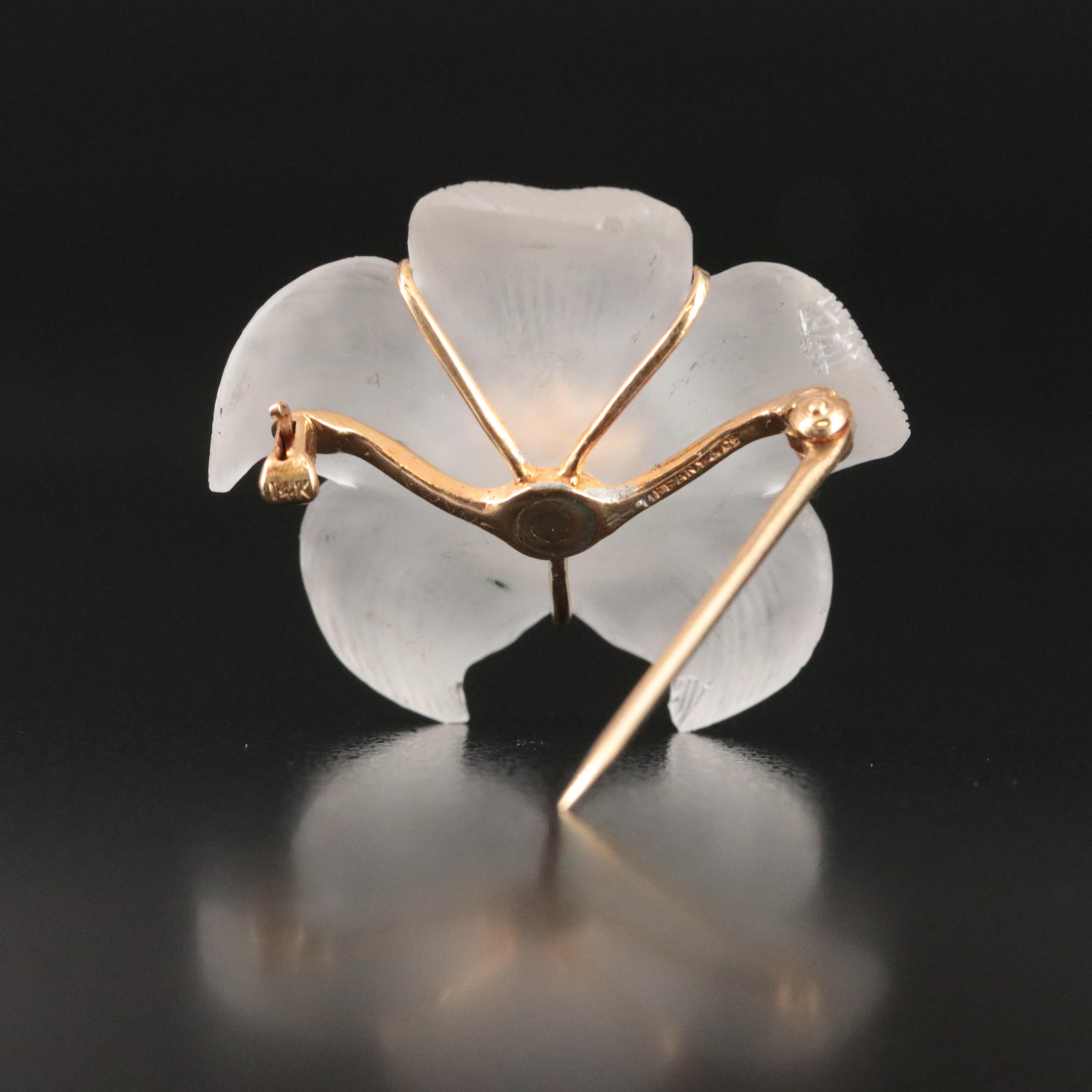 Tiffany & Co. 1940s 14K Carved Rock Crystal, Diamond and Sapphire Flower Brooch