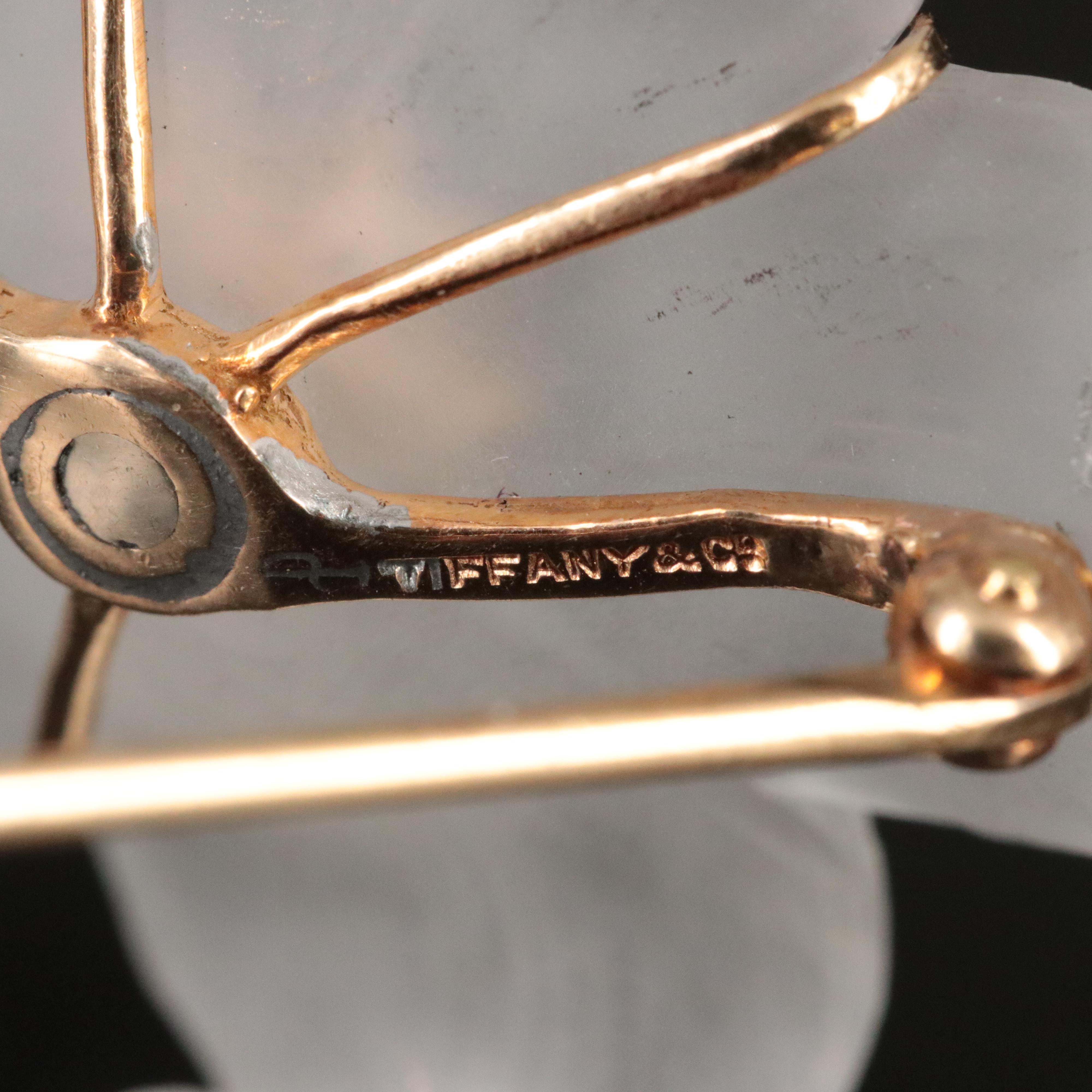 Tiffany & Co. 1940s 14K Carved Rock Crystal, Diamond and Sapphire Flower Brooch