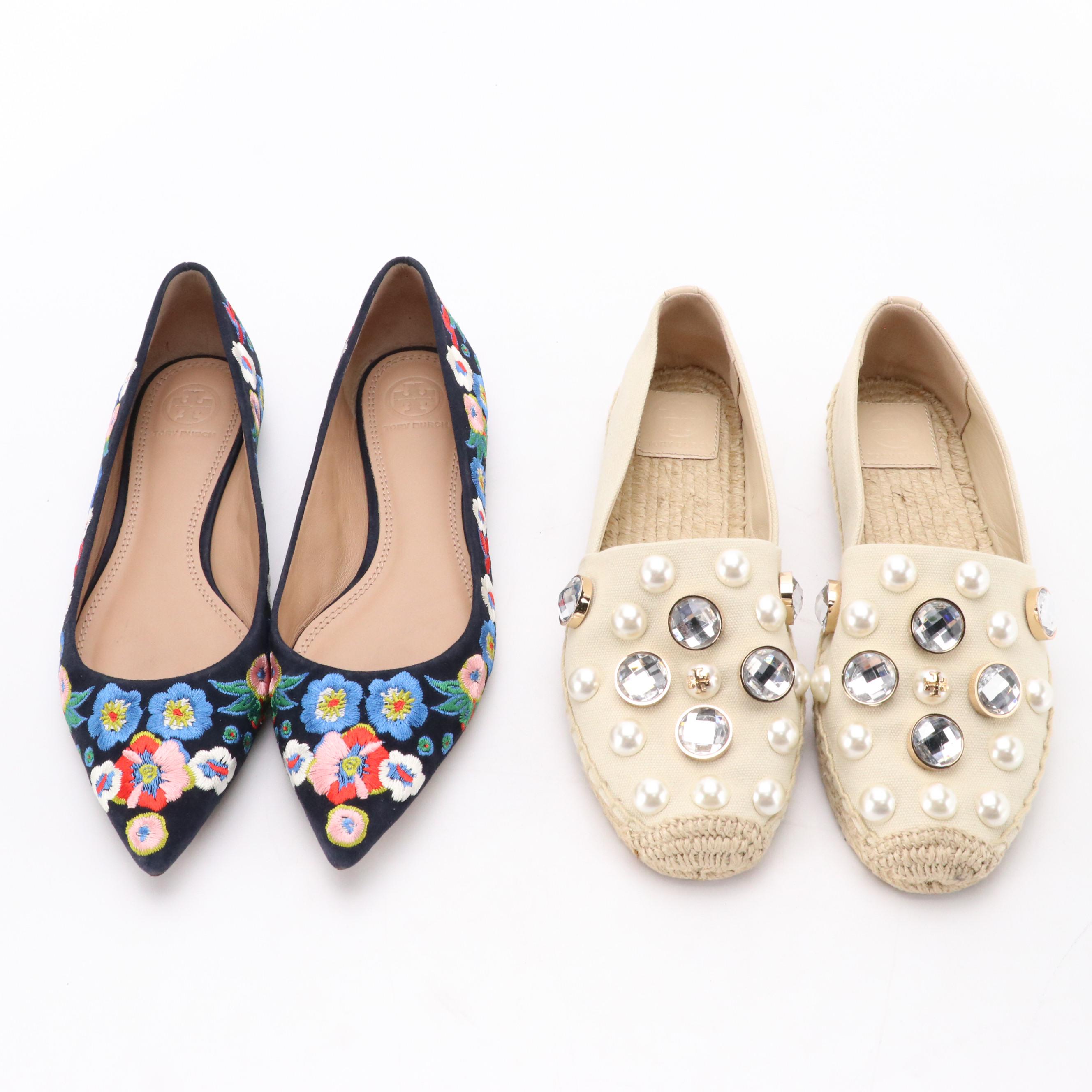 Tory Burch Rosemont Floral Embroidered Flats and Beige Embellished Espadrilles