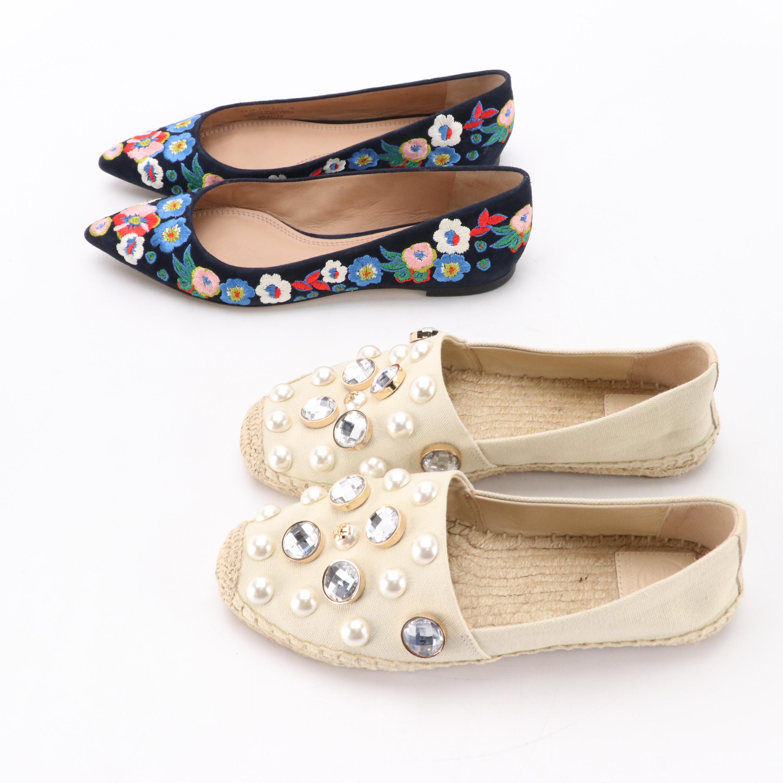 Tory Burch Rosemont Floral Embroidered Flats and Beige Embellished Espadrilles